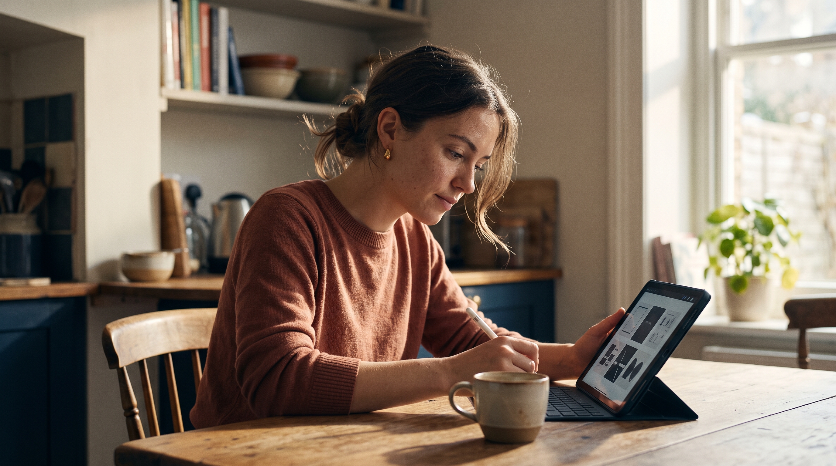 Young entrepreneur sketching t-shirt design ideas on a tablet at a sunlit kitchen table with coffee