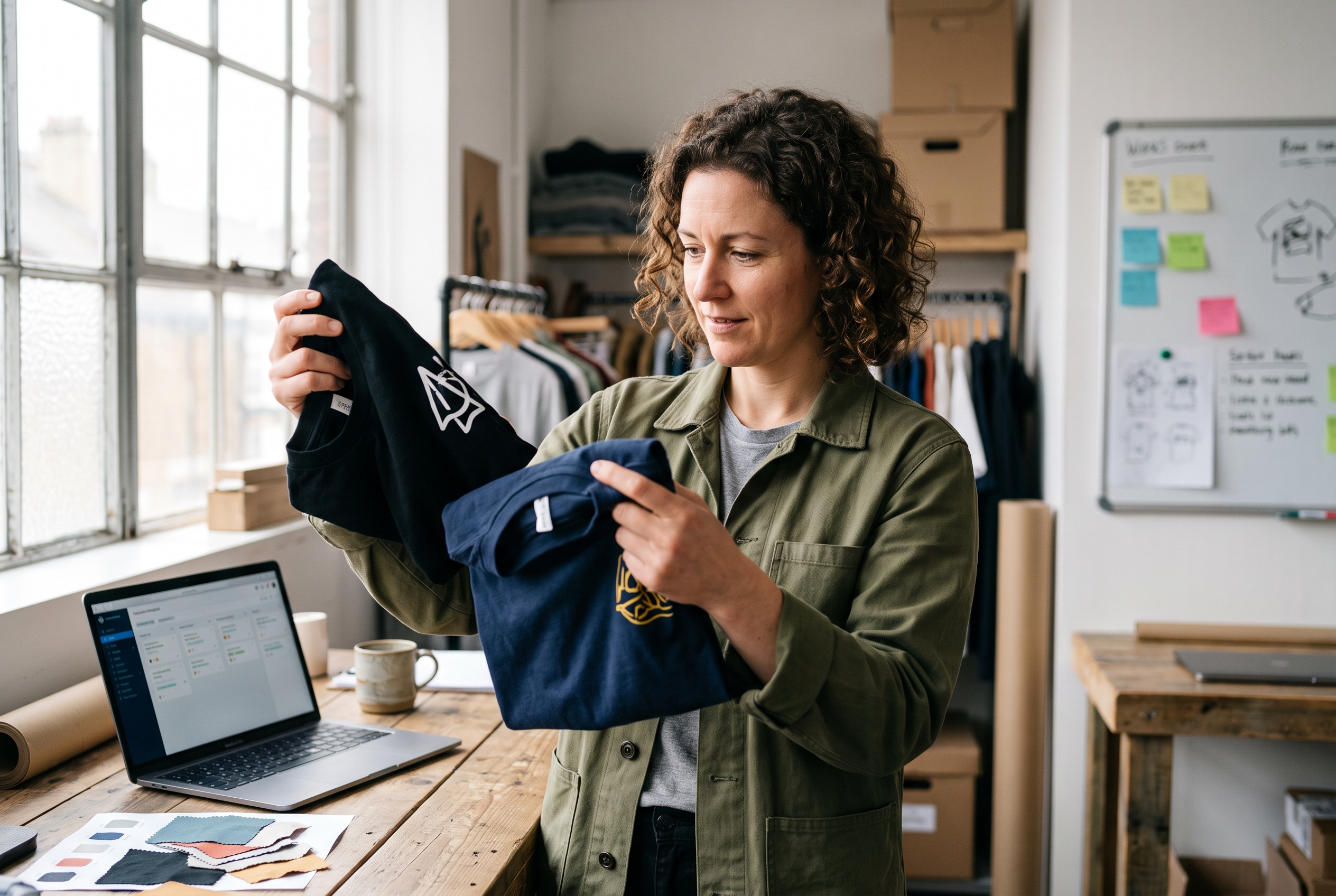 Small business owner holding two sample t-shirts up to the light comparing print quality near a window