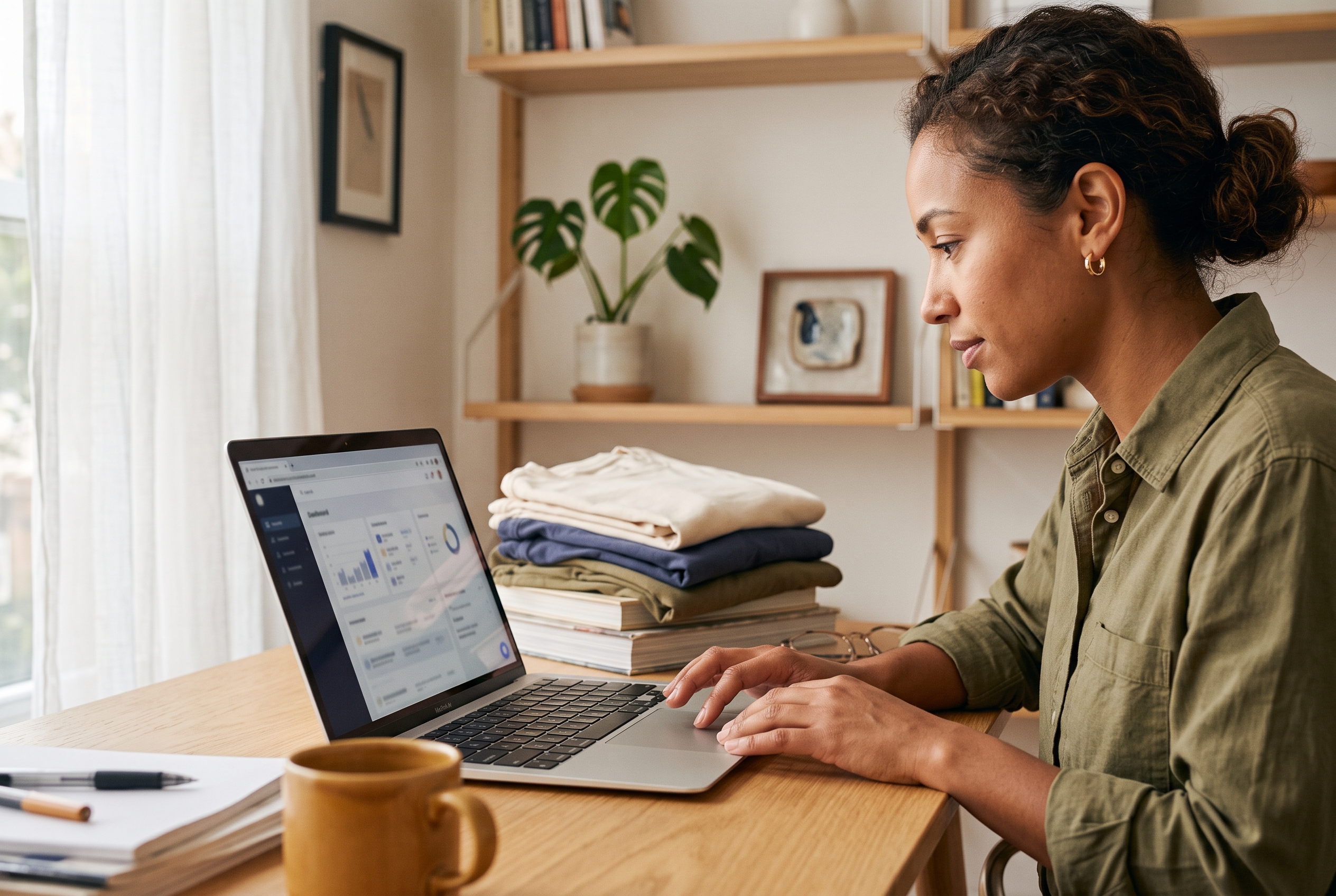 Founder reviewing her new t-shirt store on a laptop in a bright home office with folded sample shirts nearby