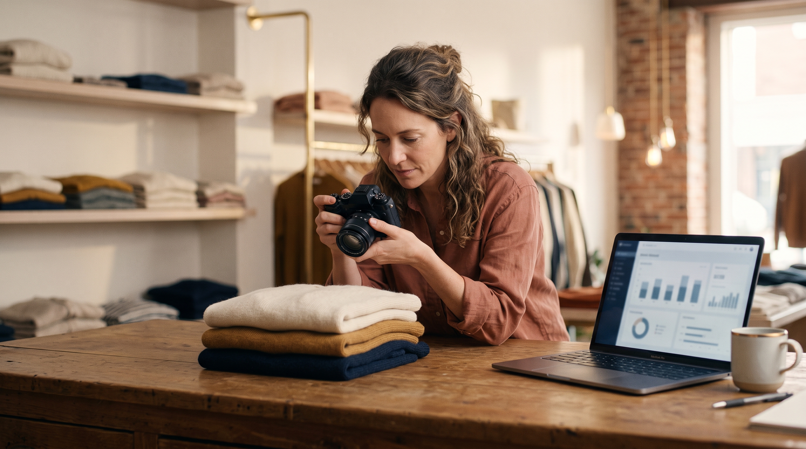 Shop owner photographing folded sweaters on a wooden counter inside her boutique while a laptop sits open beside her