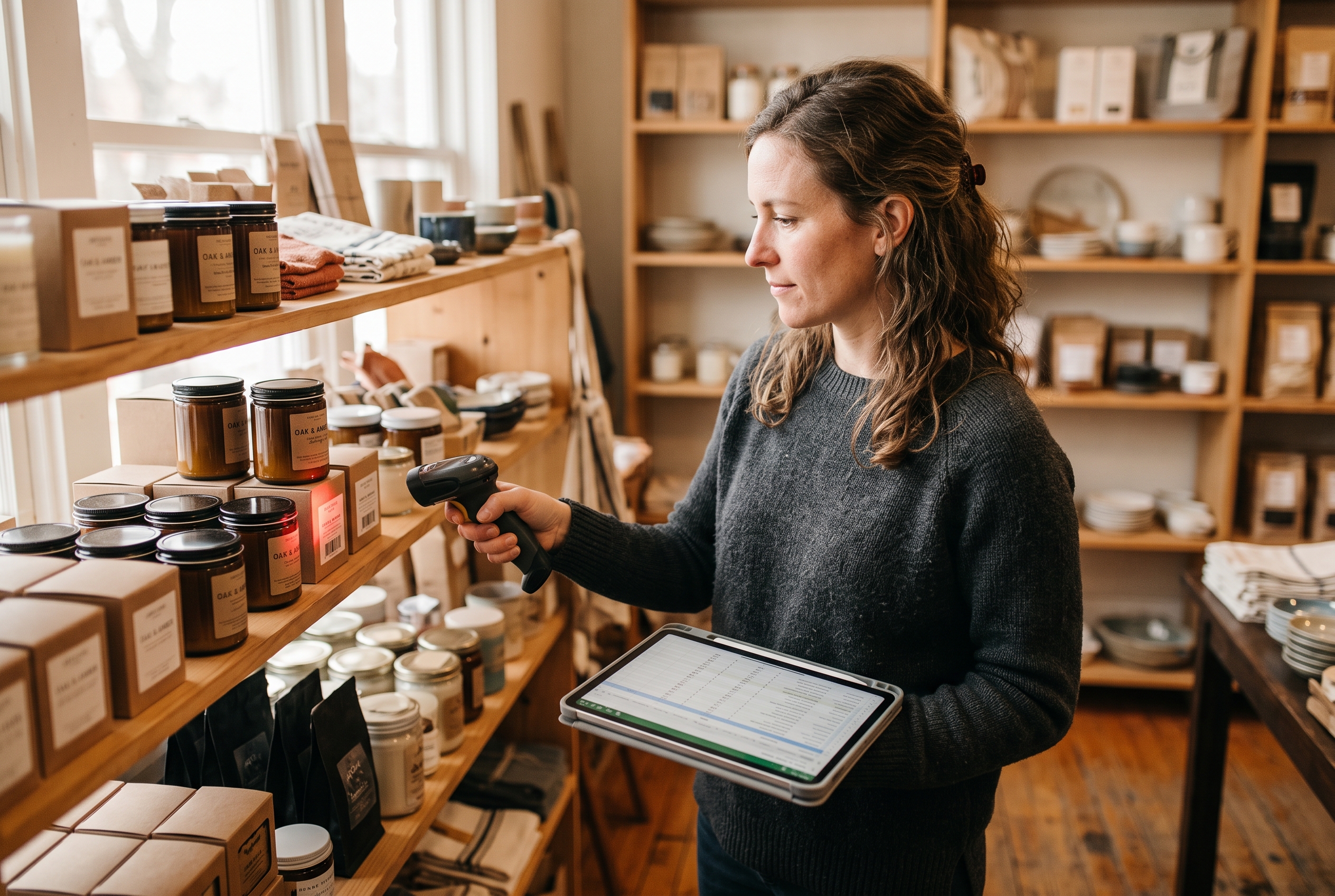 Retail owner scanning barcodes on shelf products with a handheld scanner while updating a spreadsheet on a tablet