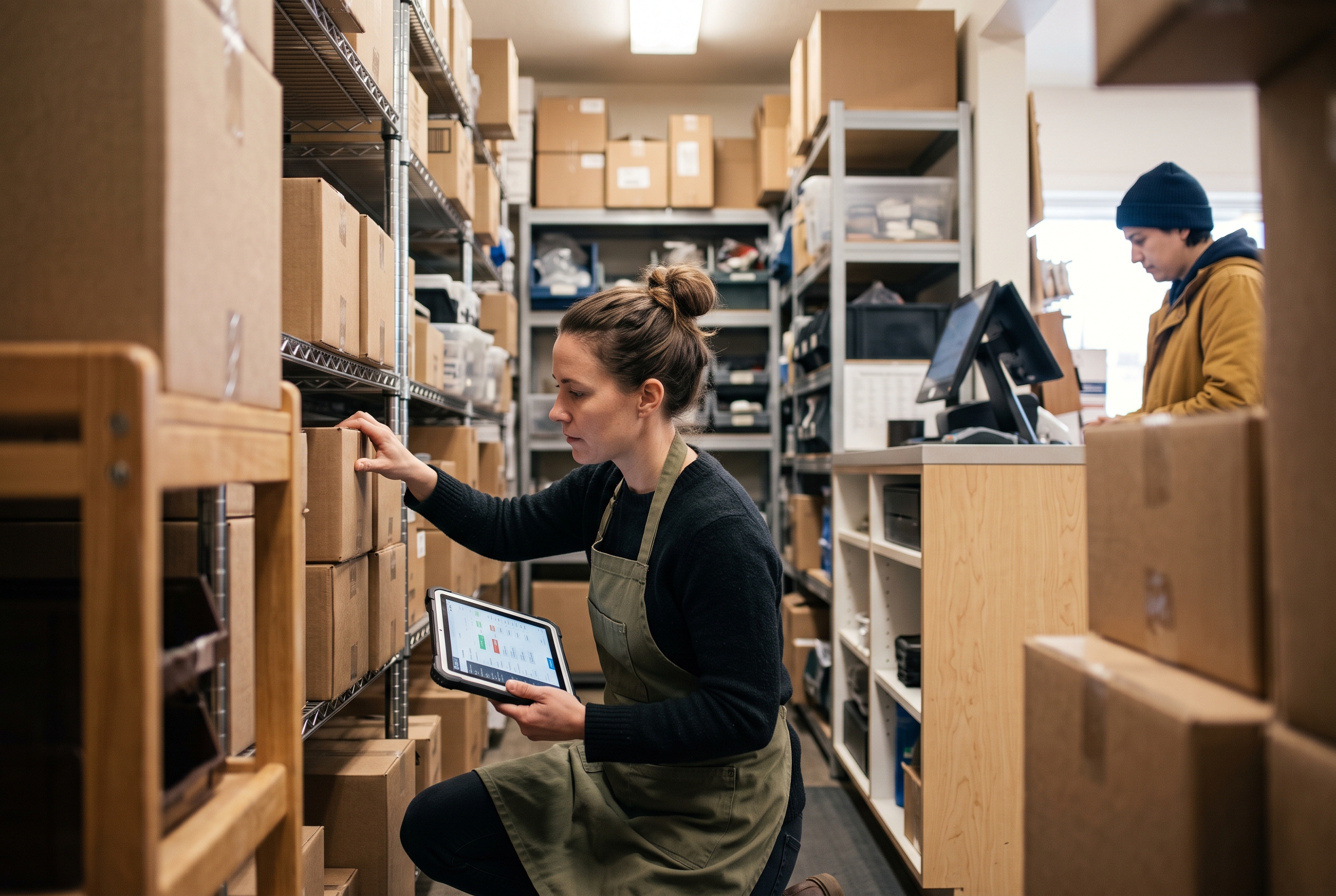 Store clerk counting boxes in a small stockroom with a tablet showing a product list while a customer waits at the register