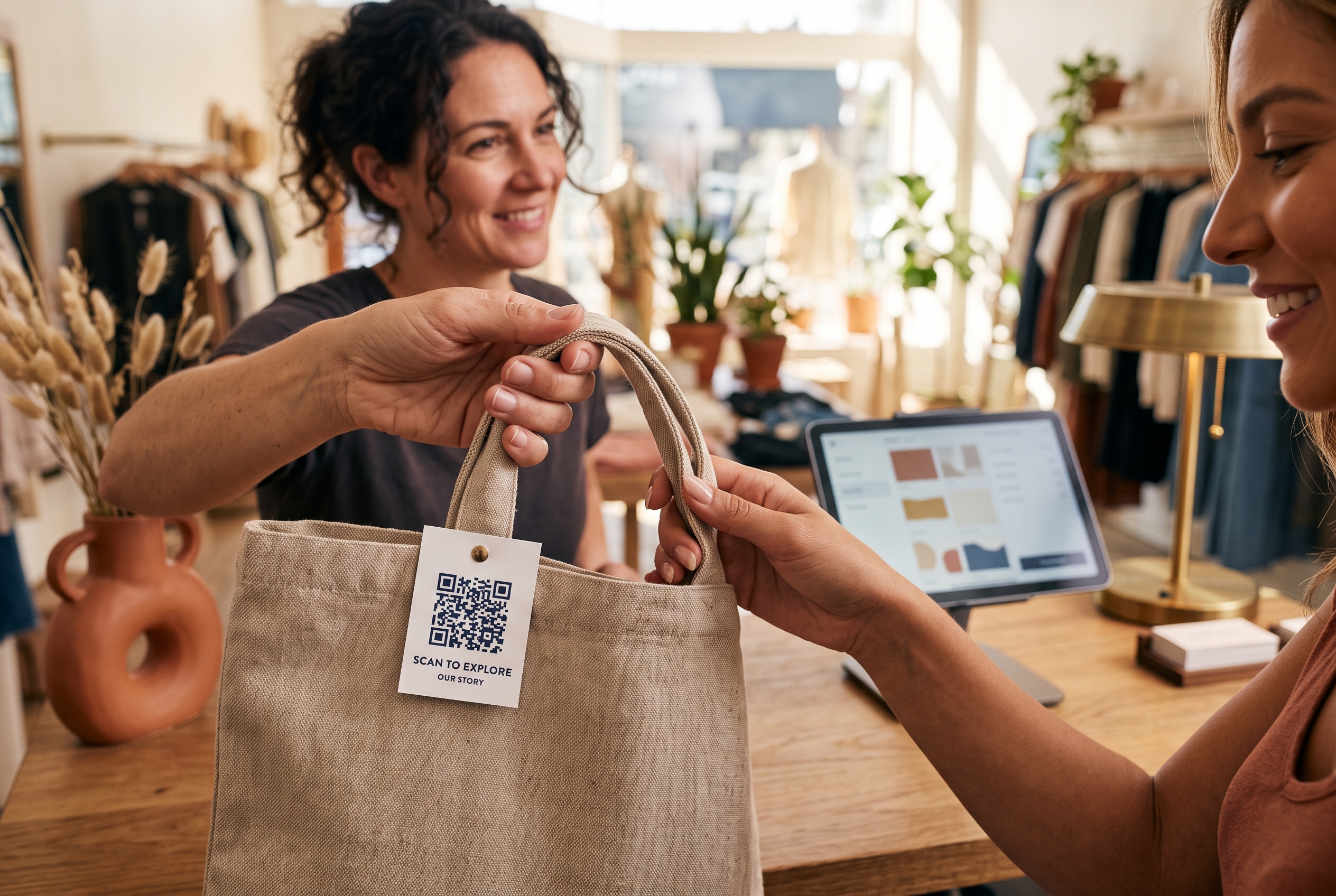 Boutique owner handing a customer a shopping bag with a small QR code card attached at a sunny checkout counter