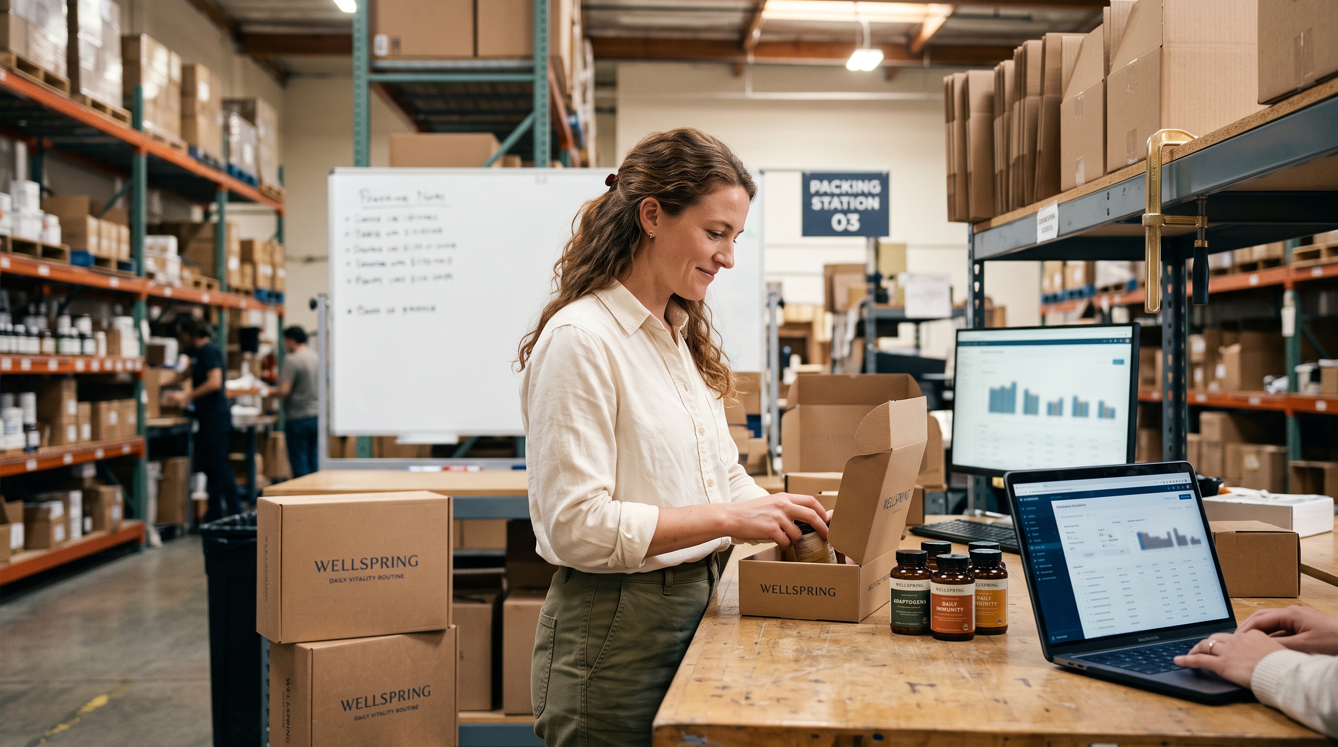 Founder packing labeled supplement bottles into branded subscription boxes on a warehouse workbench