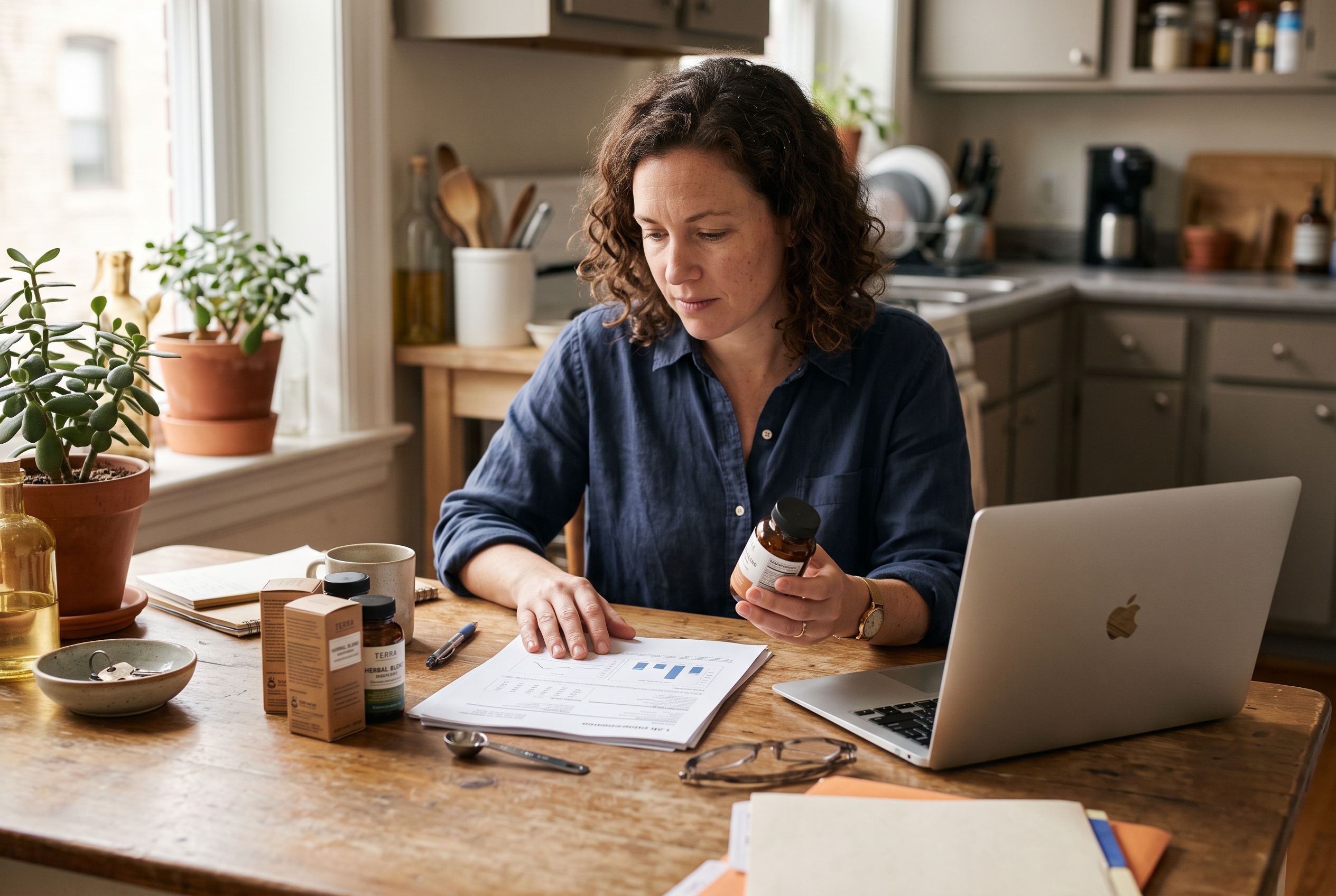 Small business owner comparing supplement supplier samples and lab documents at a kitchen table with a laptop open