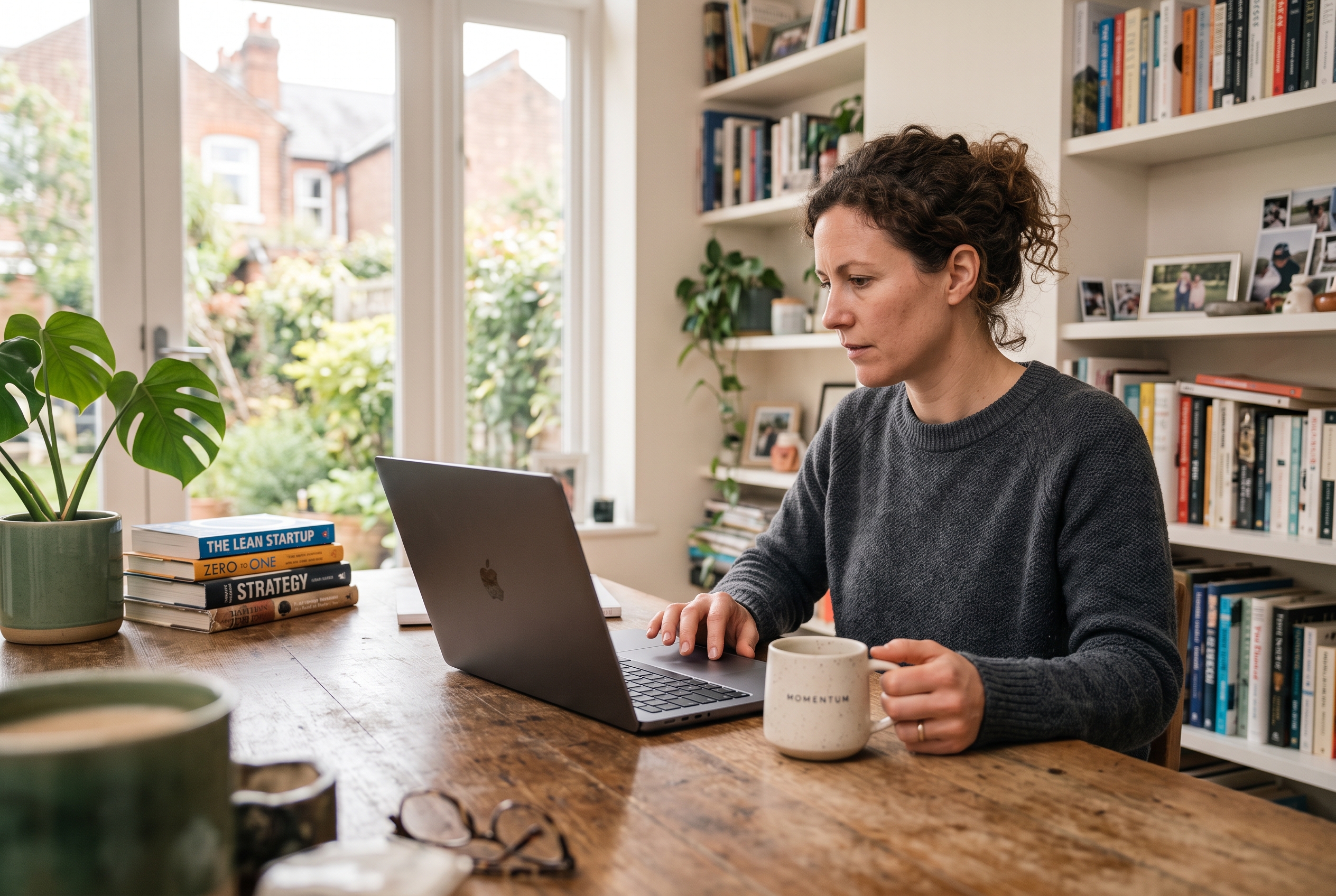 Founder reviewing recurring revenue and churn numbers on a laptop in a bright home office with coffee mug nearby