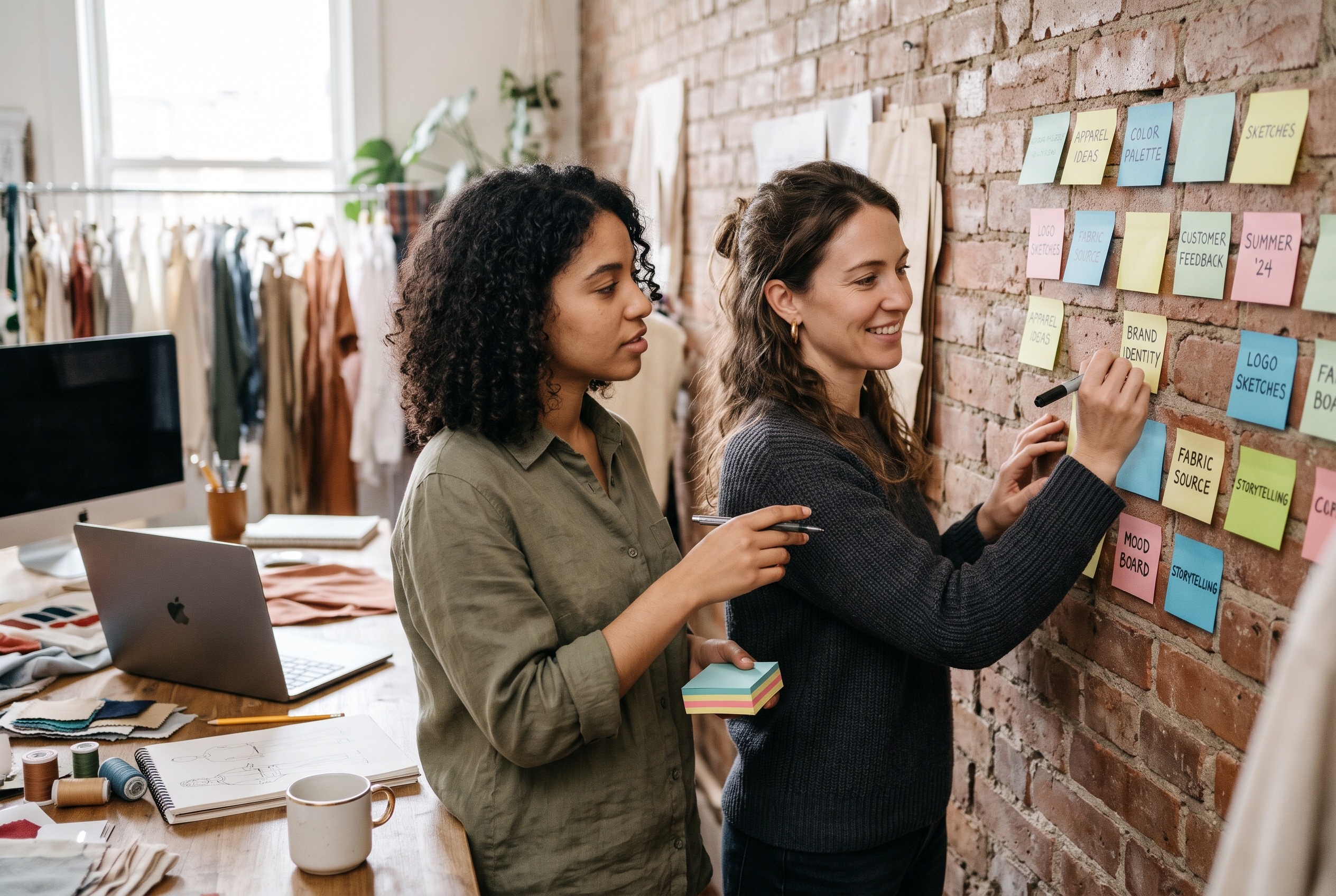 Two friends writing word combinations on sticky notes stuck to a brick wall in a small apparel studio