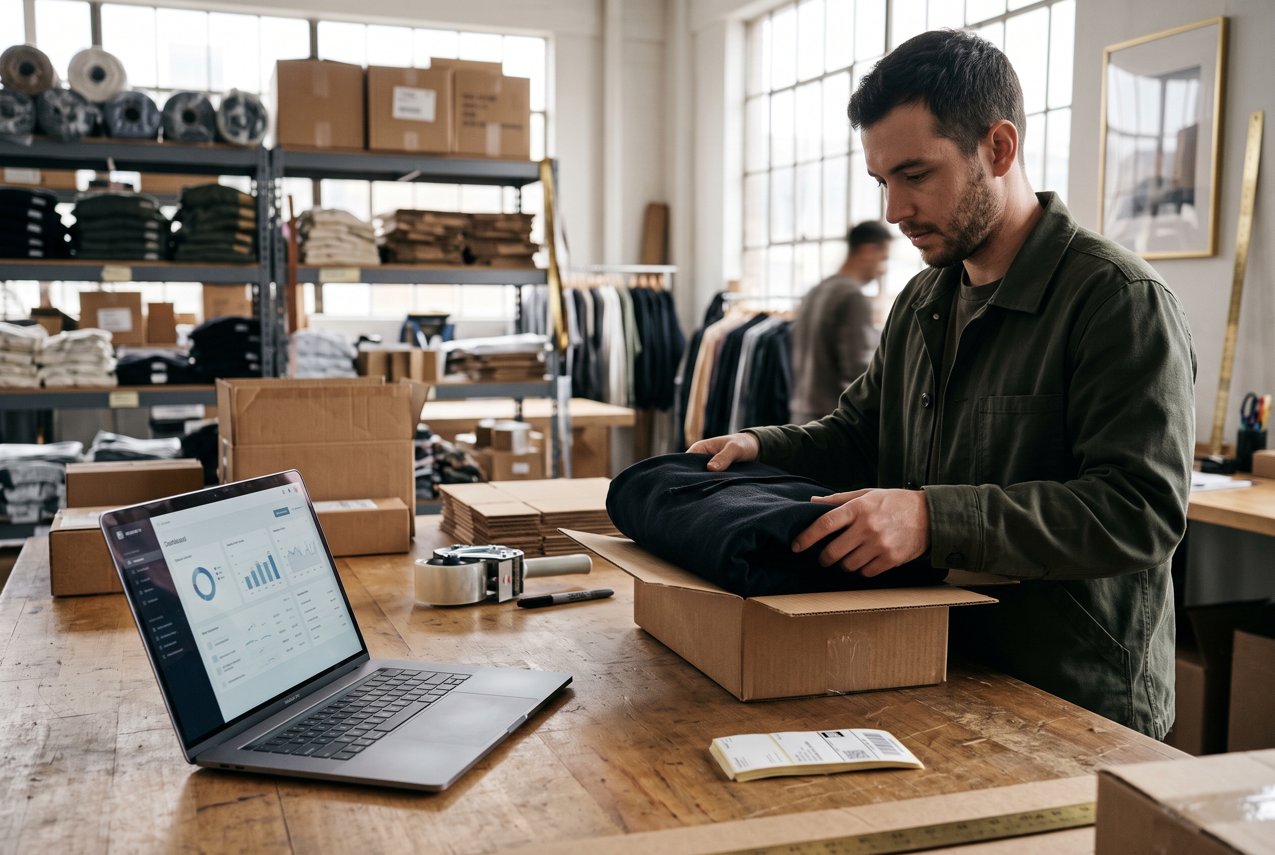 Streetwear founder packing a black hoodie into a shipping box on a workbench with a laptop open nearby