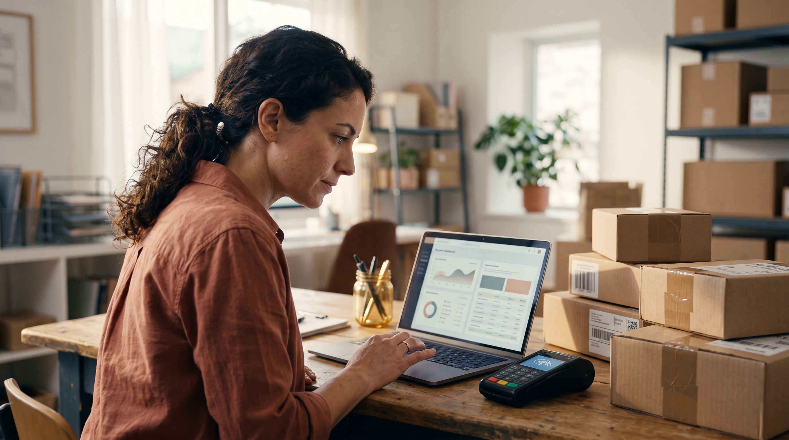 Small business owner comparing two payment dashboards on a laptop beside a card reader and packed shipping boxes
