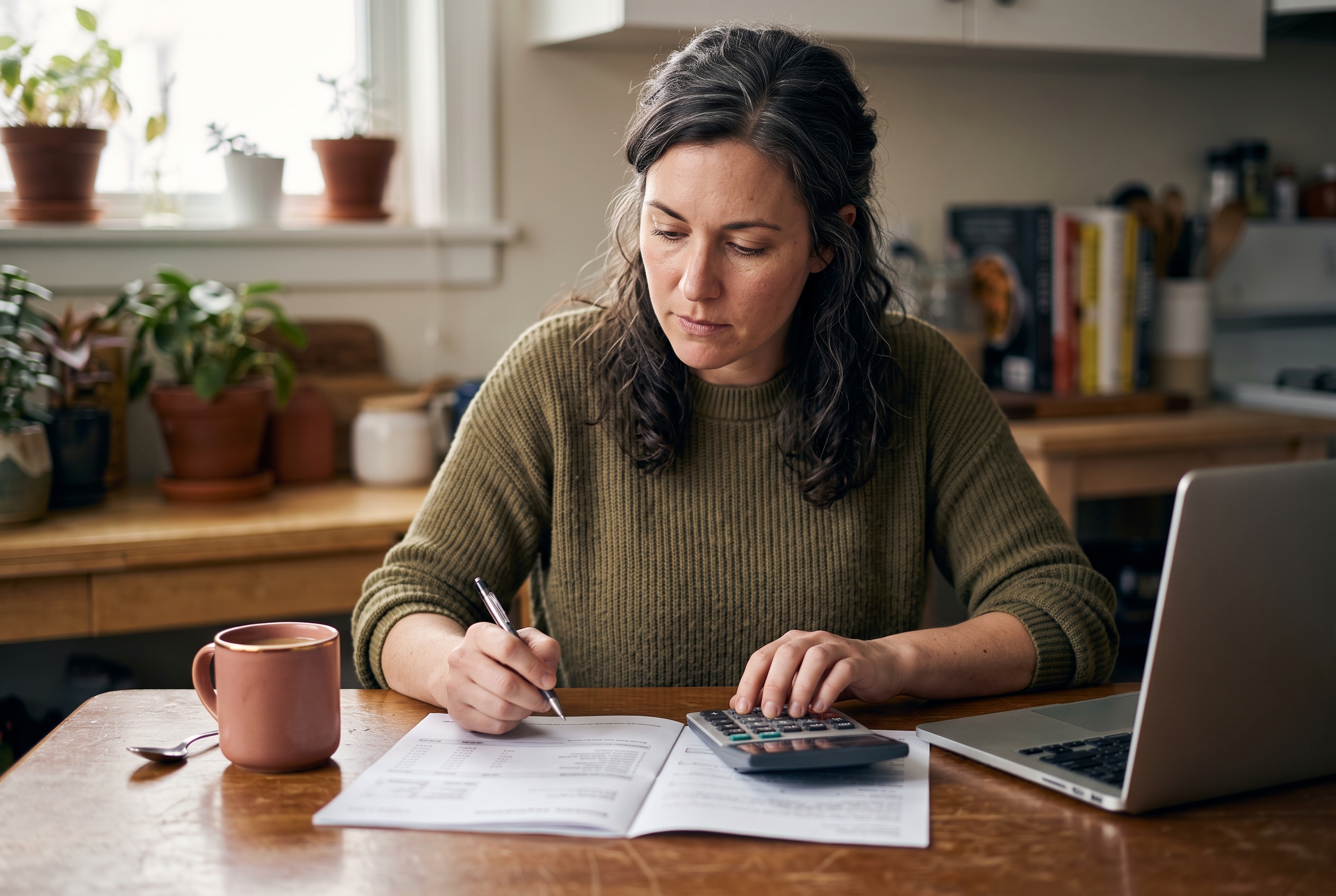 Shop owner at a kitchen table reviewing a printed monthly payment statement with a calculator and coffee