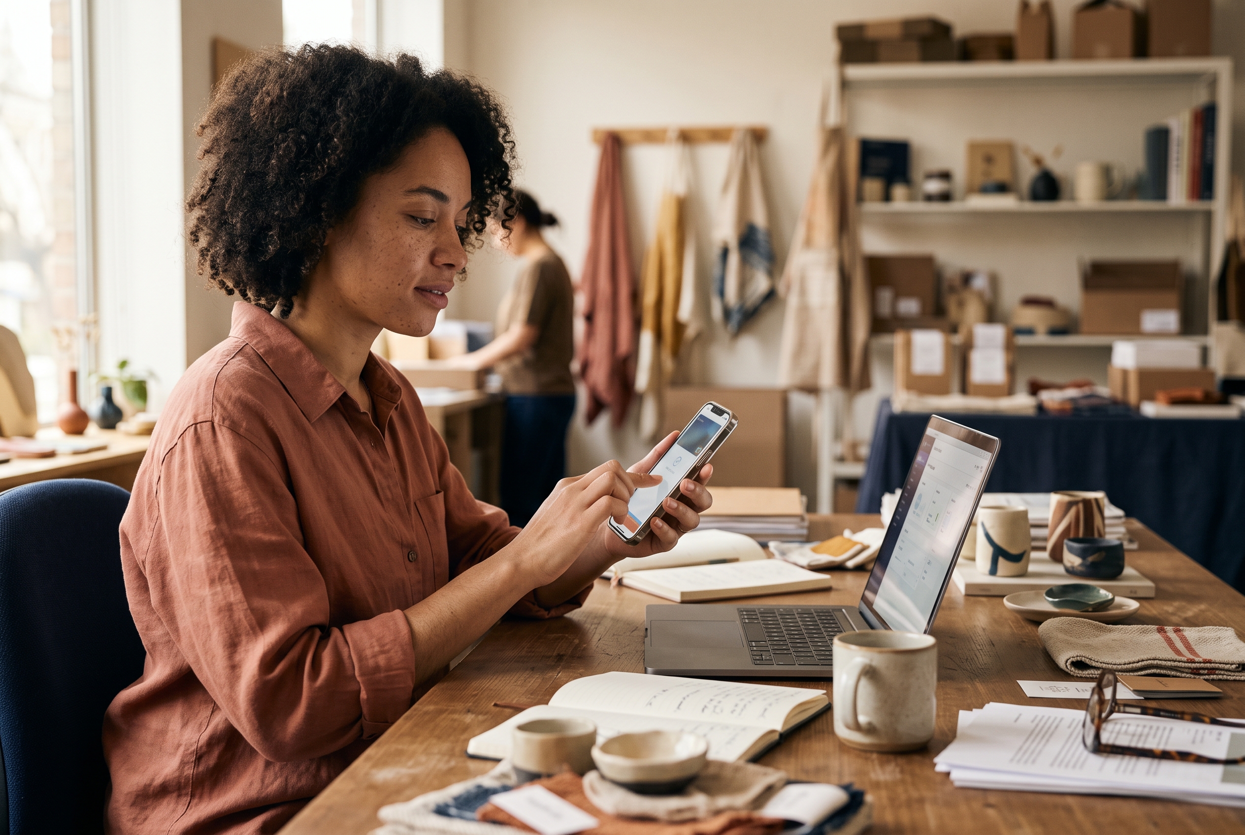 Customer paying on a phone with Apple Pay at a small online boutique checkout page held over a wooden desk