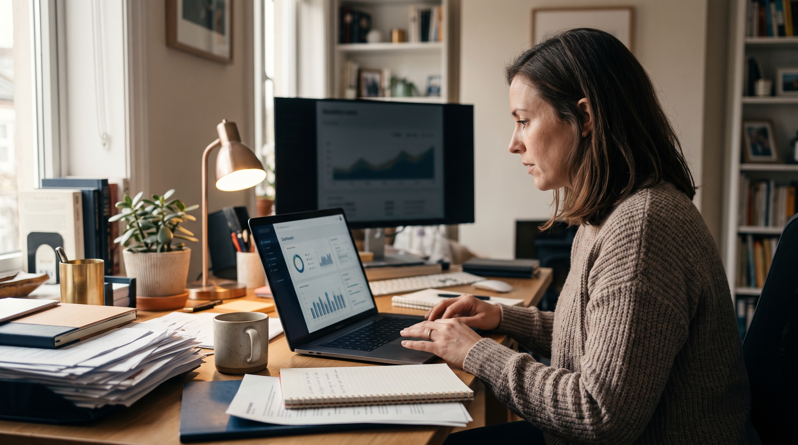 Small business owner reviewing subscription billing charges on a laptop at a cluttered home office desk with coffee