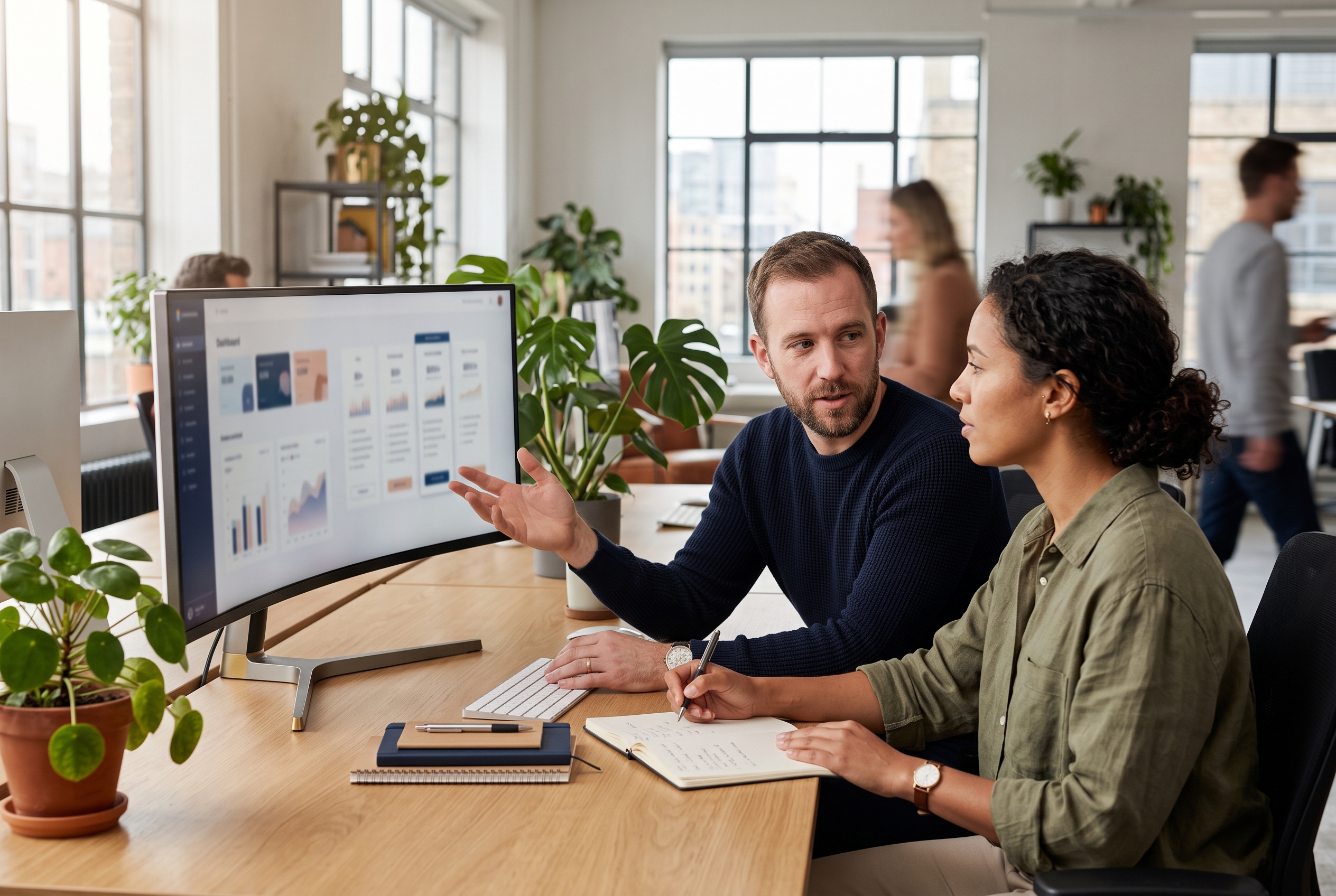 Two founders comparing pricing tables on a wide monitor in a bright modern office with plants and notebooks