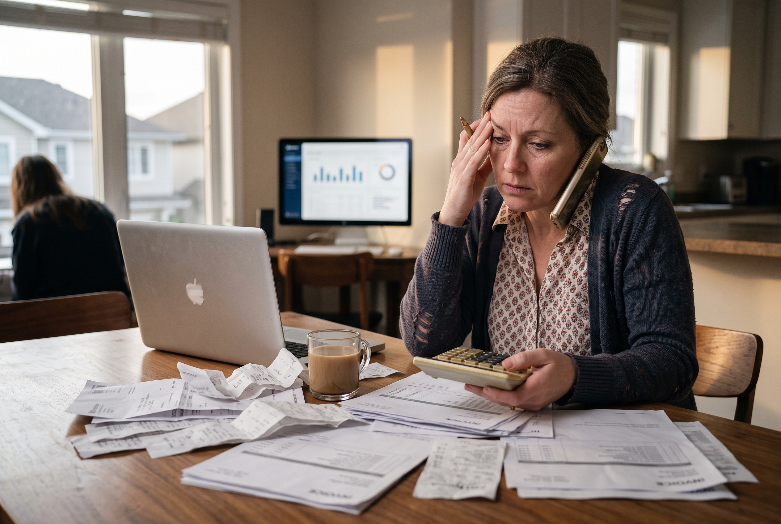 Frustrated store owner surrounded by printed invoices at a kitchen table, calculator and phone in hand, late afternoon light