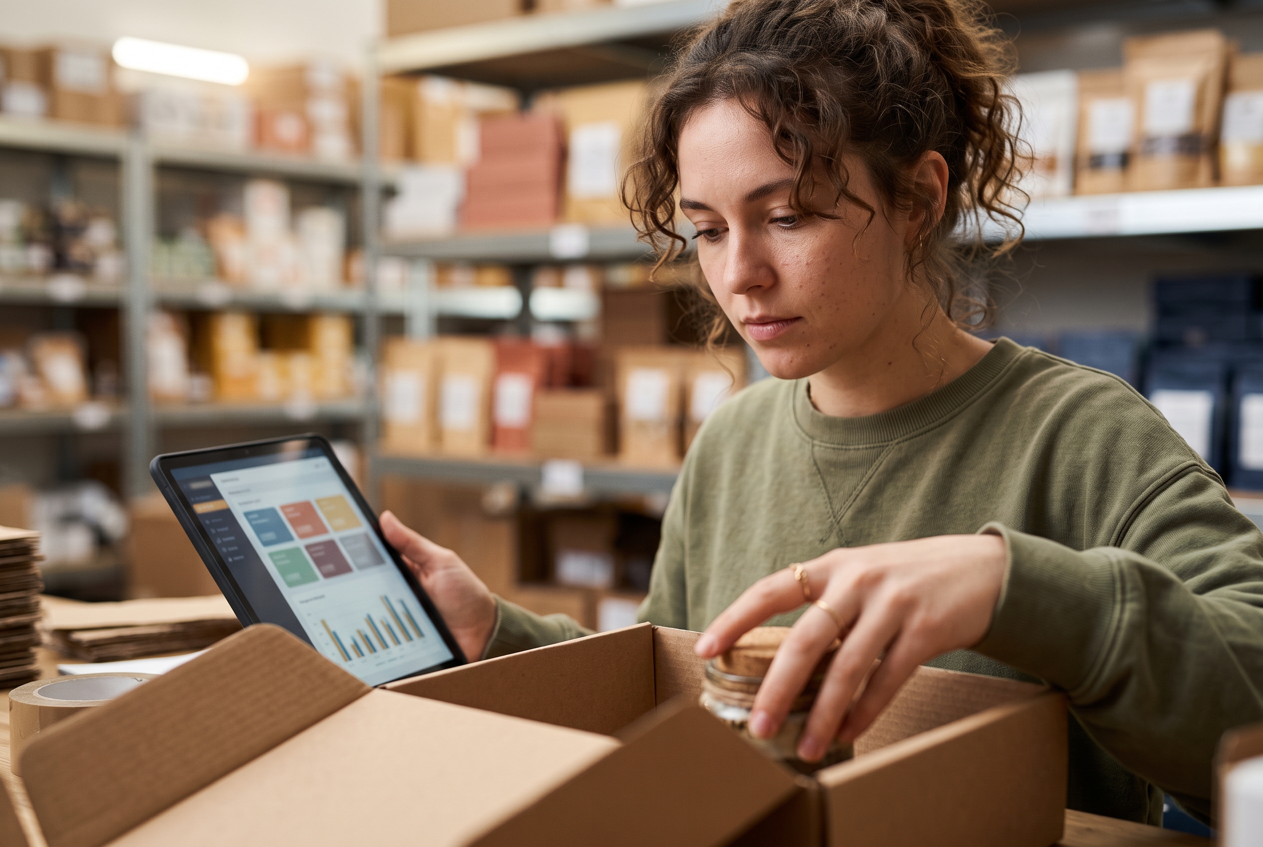 Merchant packing subscription boxes on a warehouse table while checking a tablet showing order counts, shelves stocked behind