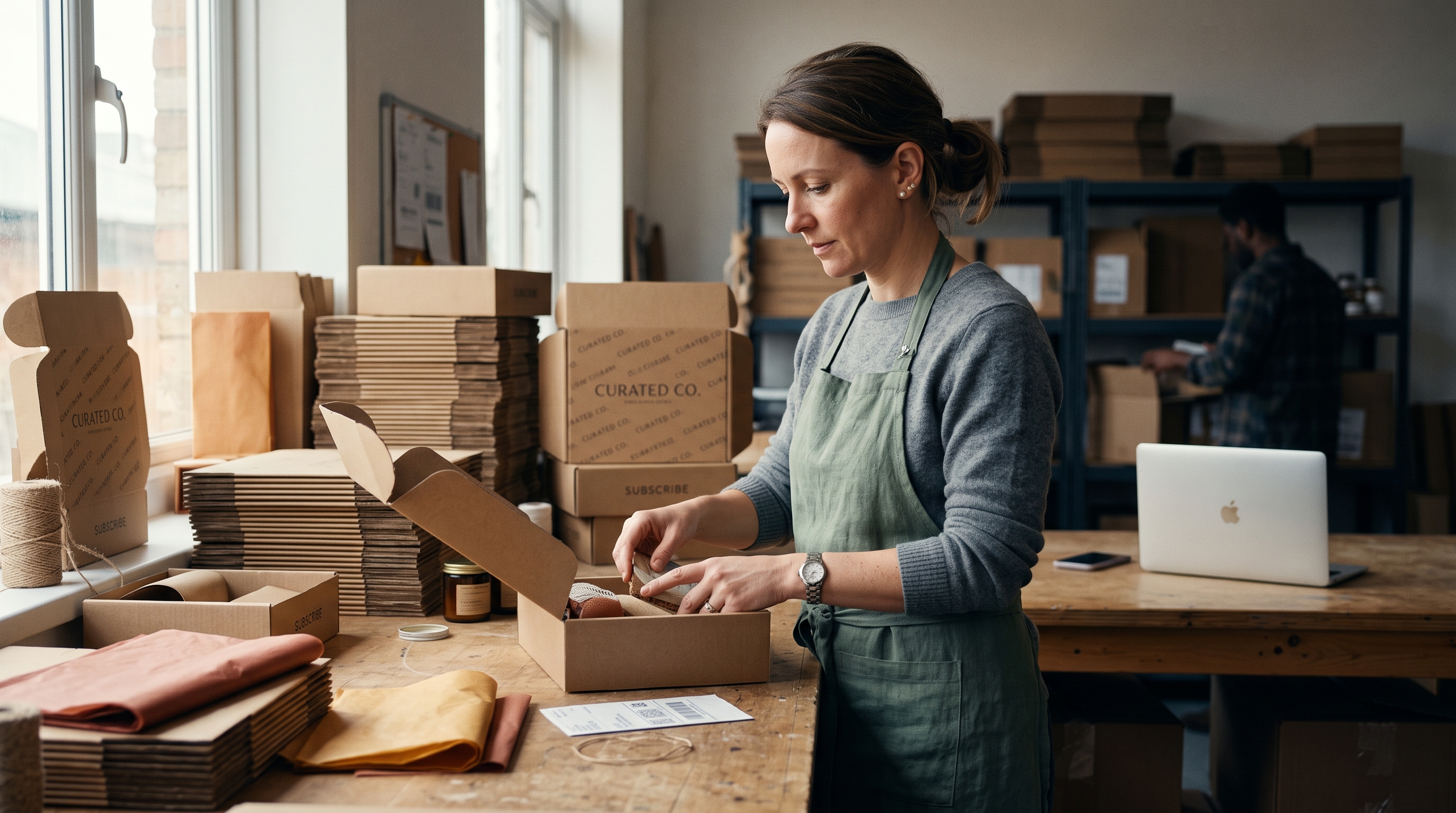 Small business owner packing recurring subscription boxes at a wooden workbench surrounded by branded packaging