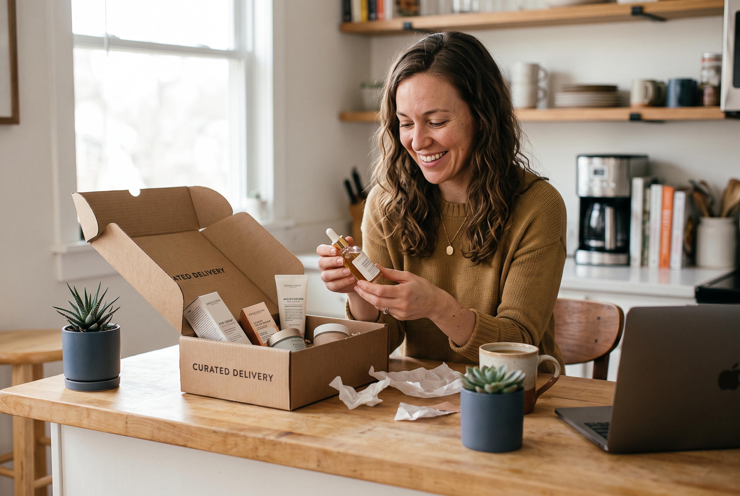 Customer unboxing a curated monthly delivery of skincare products at a kitchen counter with morning light