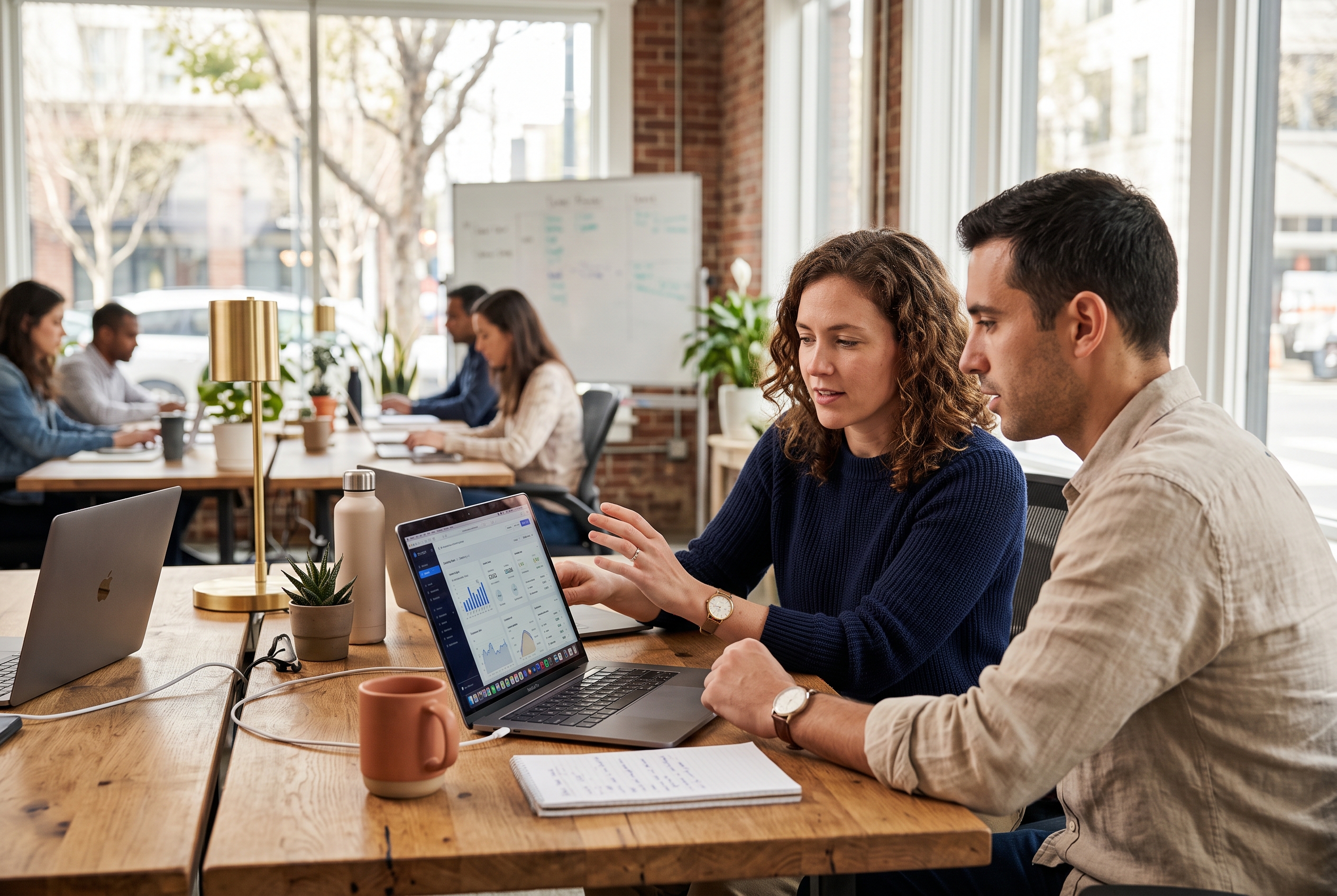 Two founders reviewing subscription retention numbers on a laptop at a shared desk in a bright office