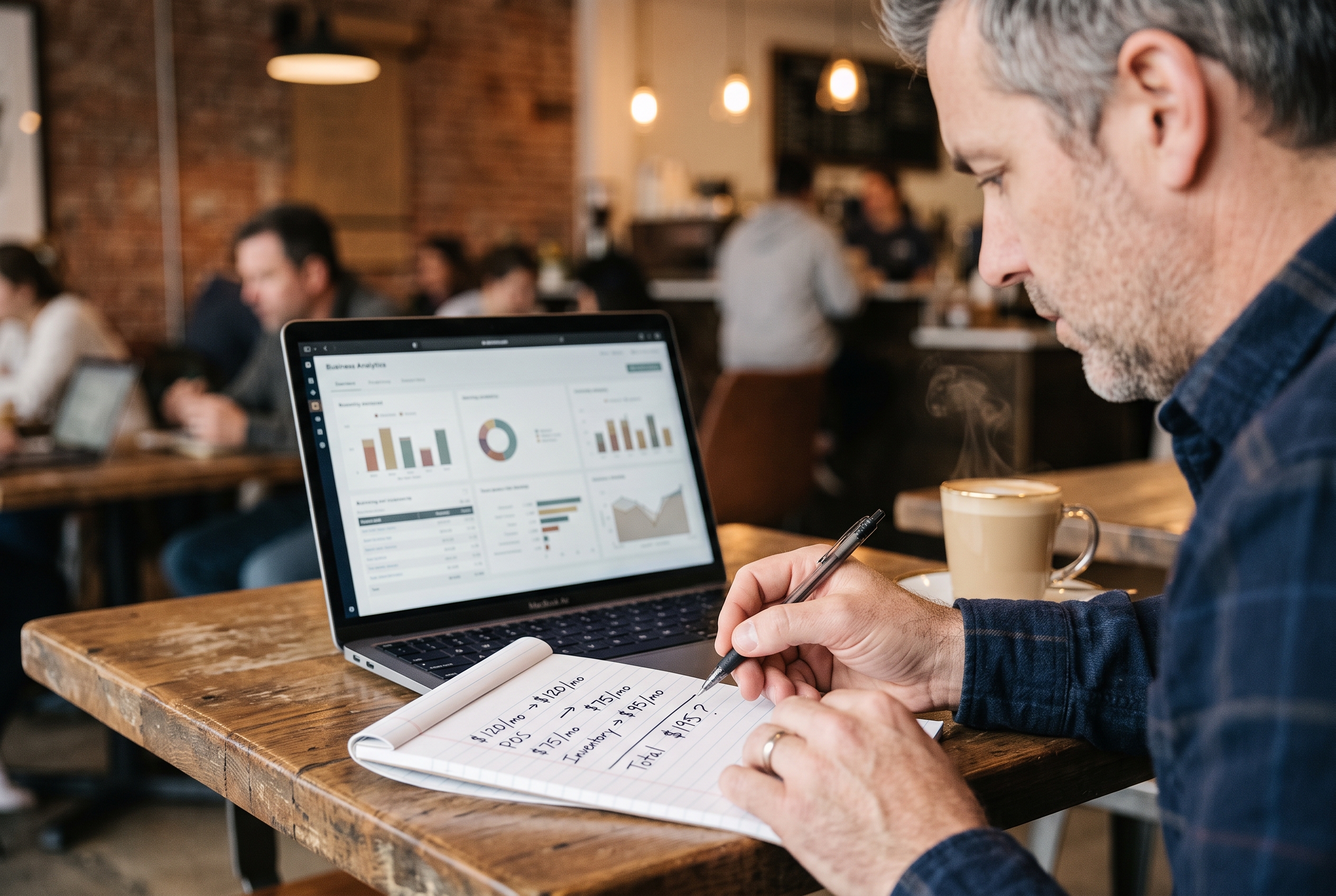 Store owner comparing monthly software costs on a notepad beside a laptop at a coffee shop table
