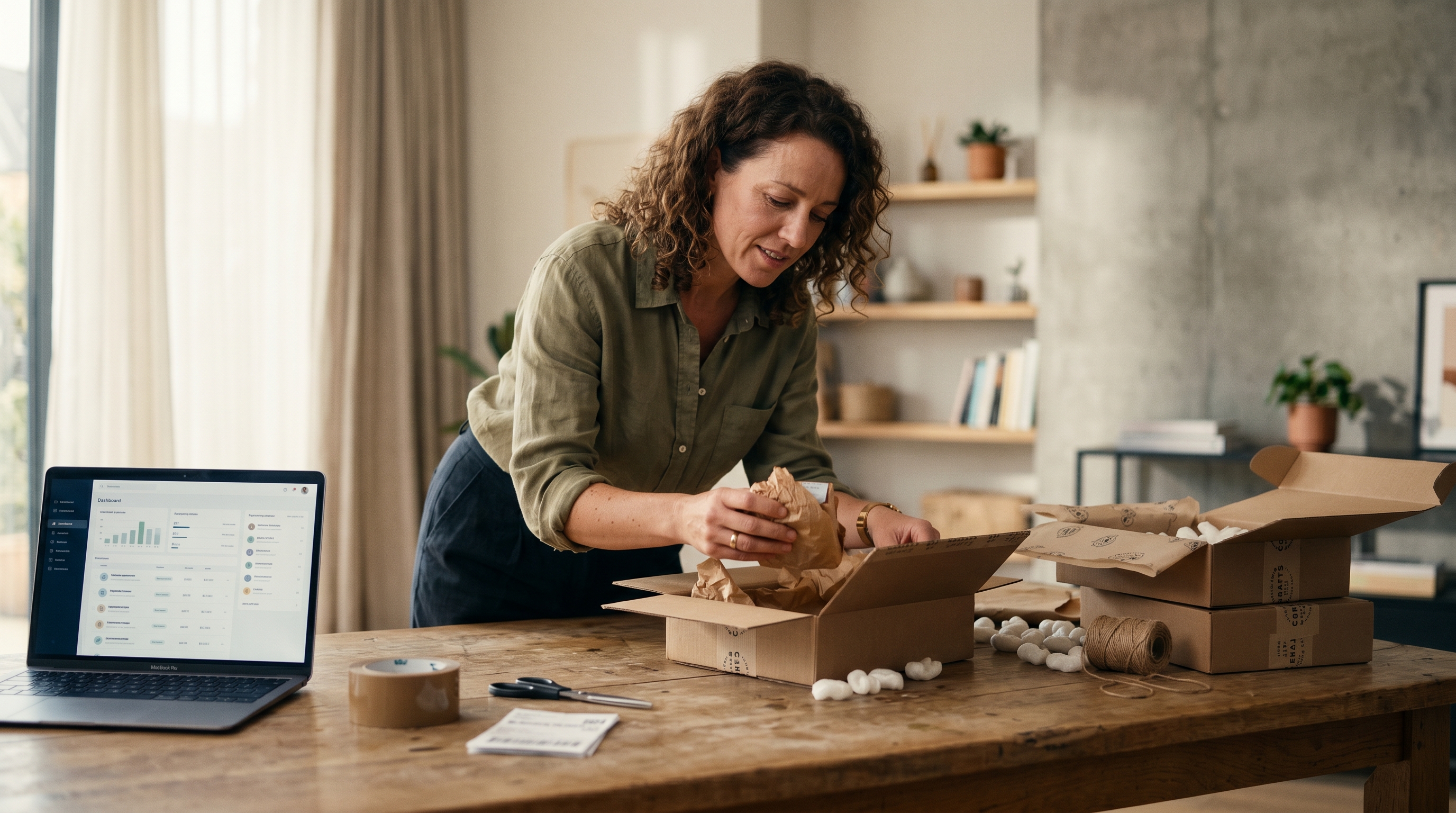 Small business owner unpacking subscription boxes on a wooden table with packing supplies and a laptop showing recurring orders