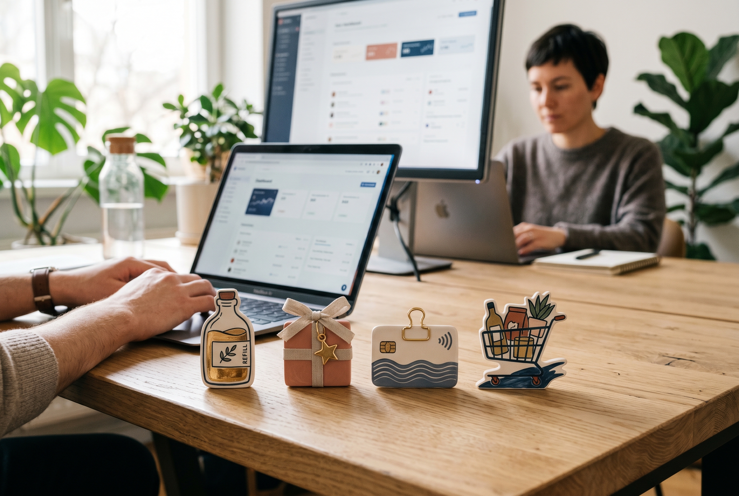 Four illustrated icons on a desk representing replenishment bottles a gift box a key card and a hybrid cart with mixed products