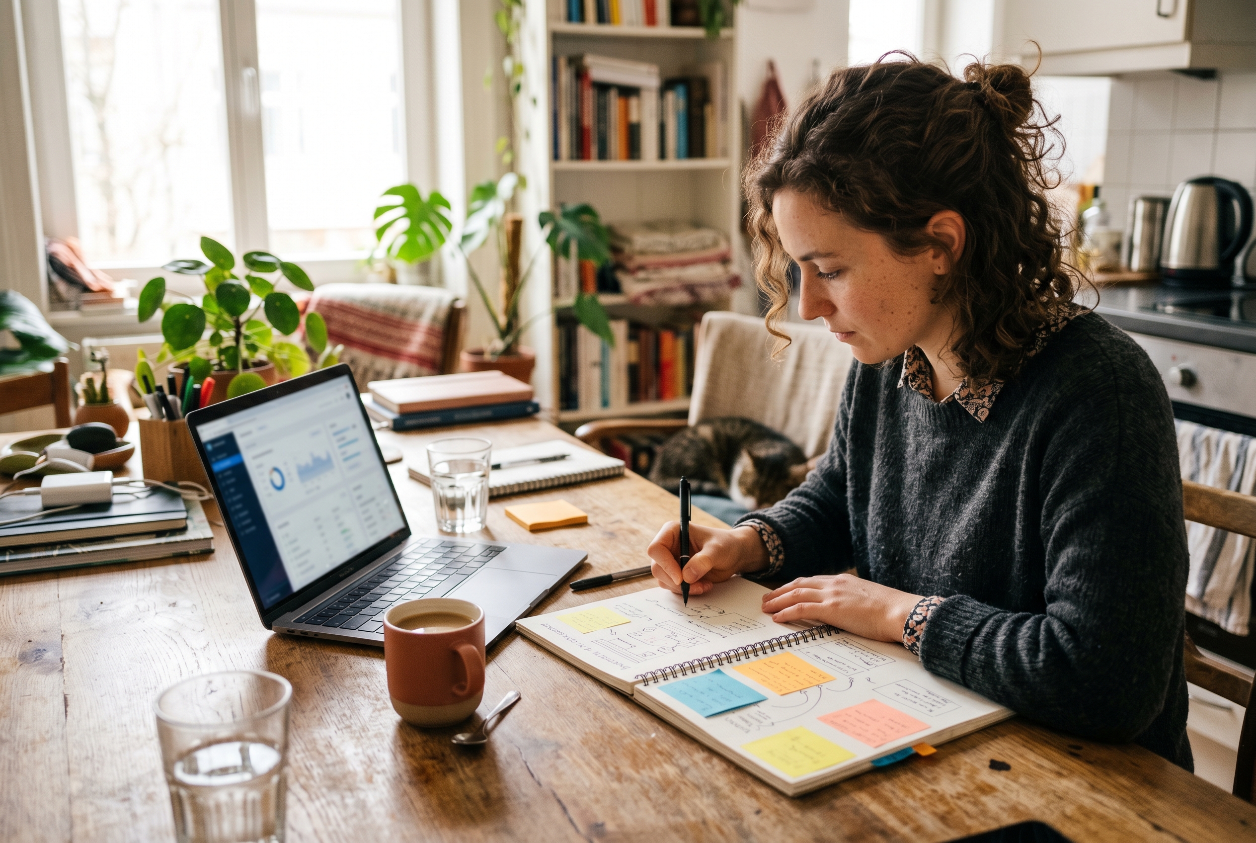Founder at a kitchen table sketching a subscription cadence calendar with sticky notes and a coffee mug beside an open laptop