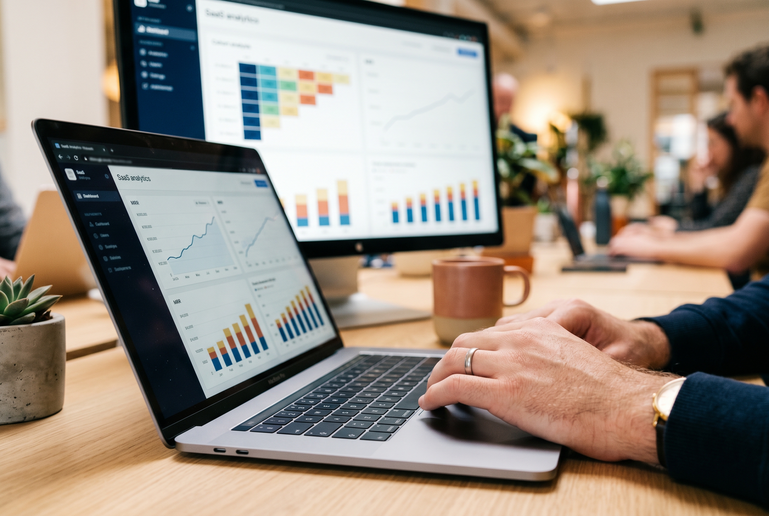 Dashboard screen showing subscription churn cohorts retention graph and monthly recurring revenue chart with annotations on a clean desk