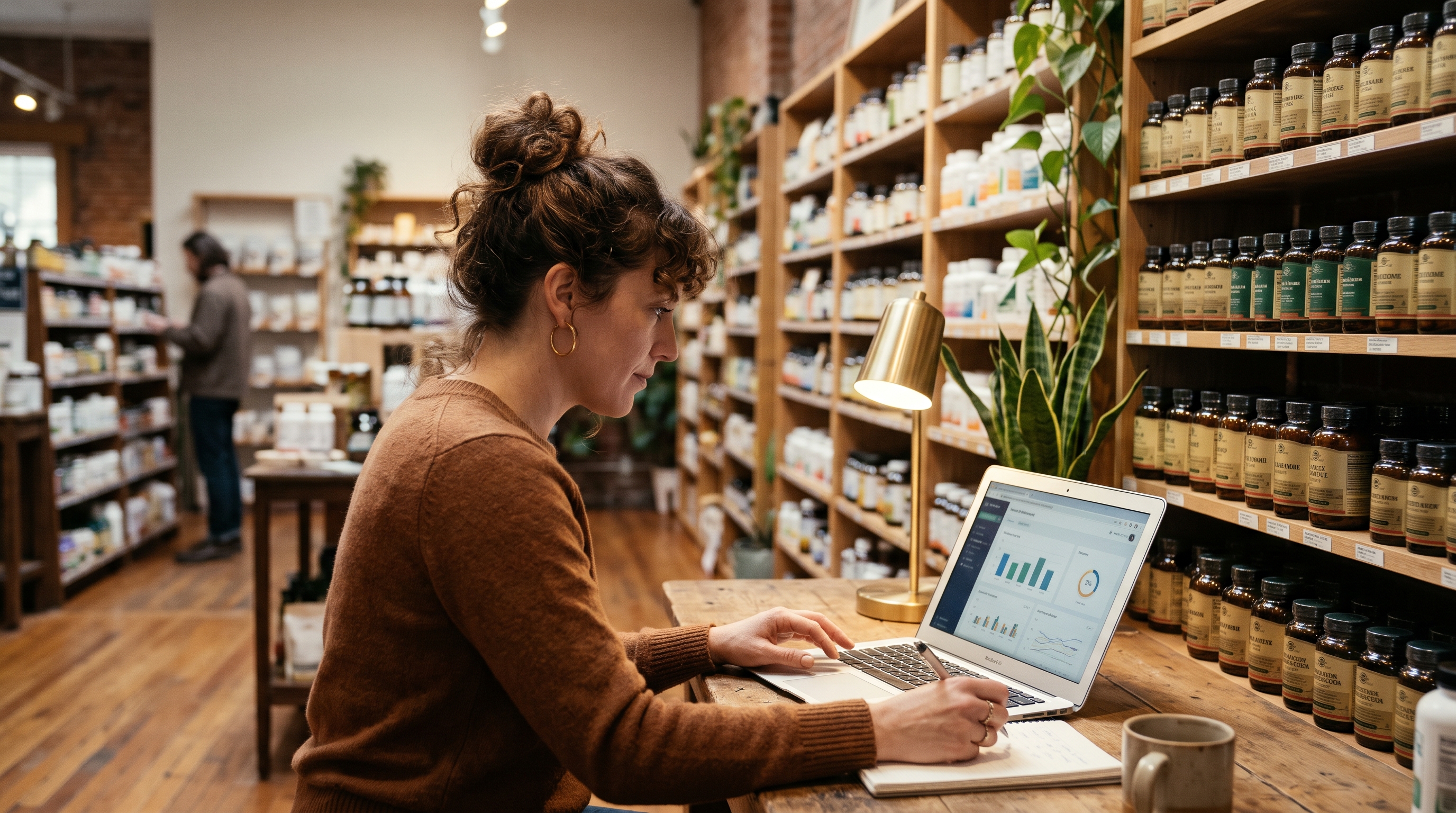 Supplement store owner calculating subscriber retention numbers on a laptop beside shelves of amber supplement bottles
