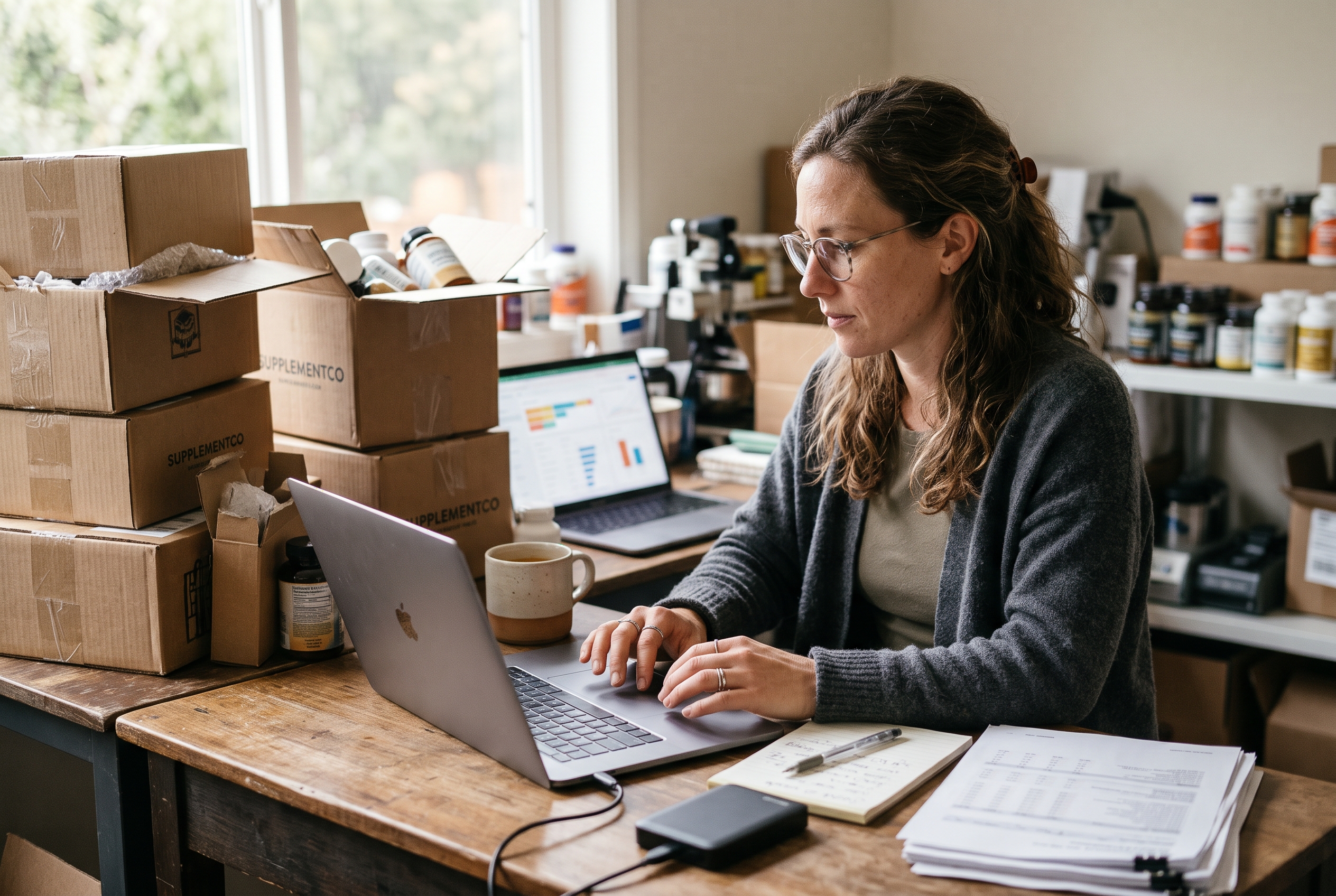 Ecommerce operator reviewing a monthly cohort retention spreadsheet at a desk next to packed supplement shipping boxes