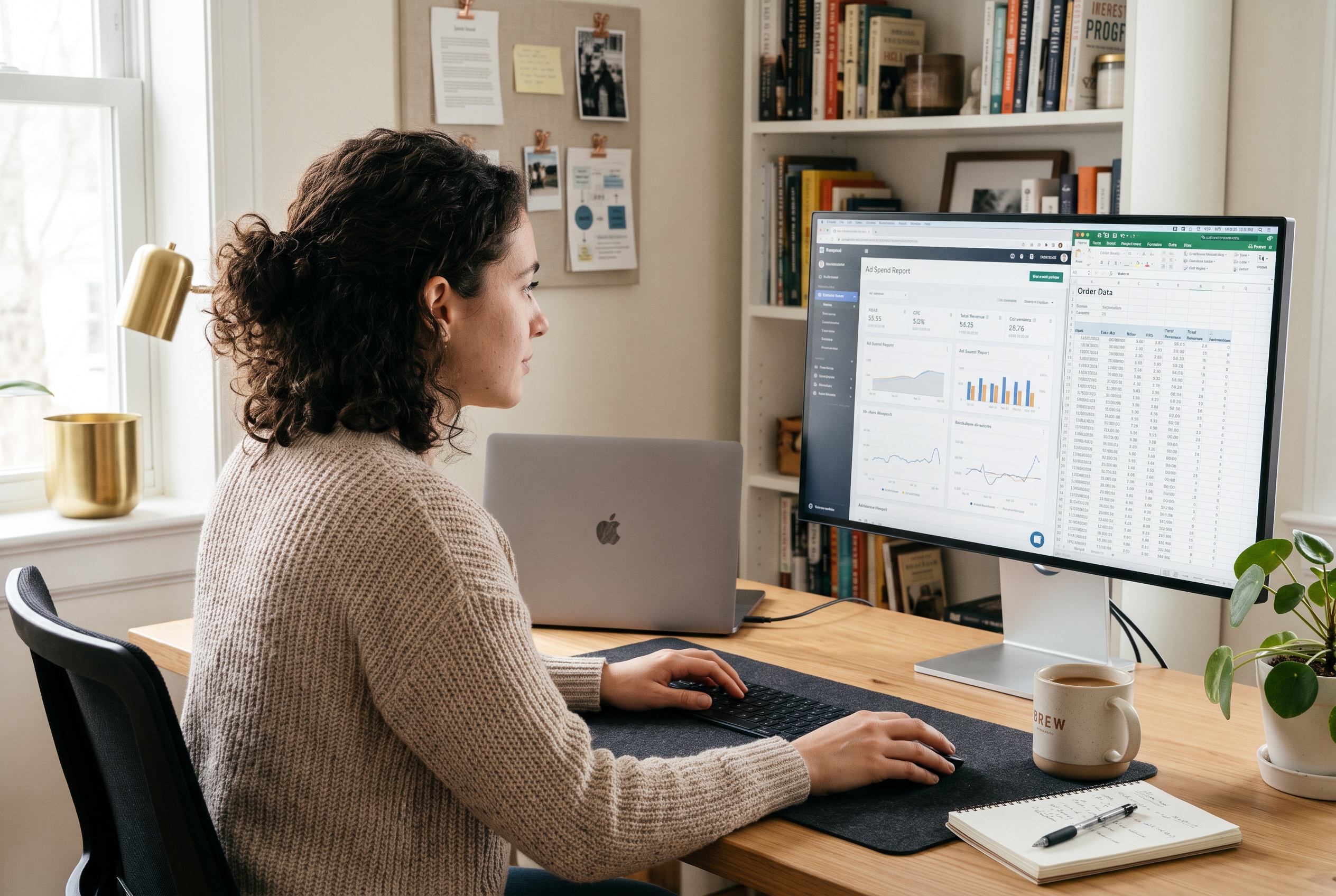 Marketer comparing Meta ad spend report with order data on a monitor in a bright home office