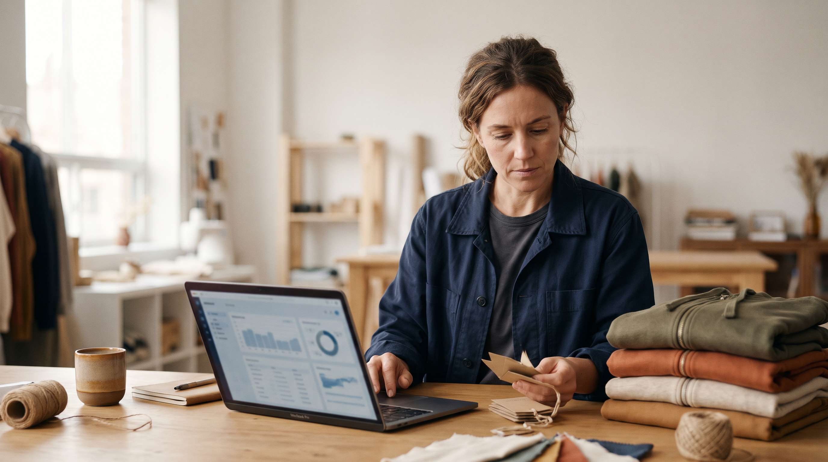 Clothing brand founder reviewing hang tags and a laptop at a studio table with folded hoodies beside her