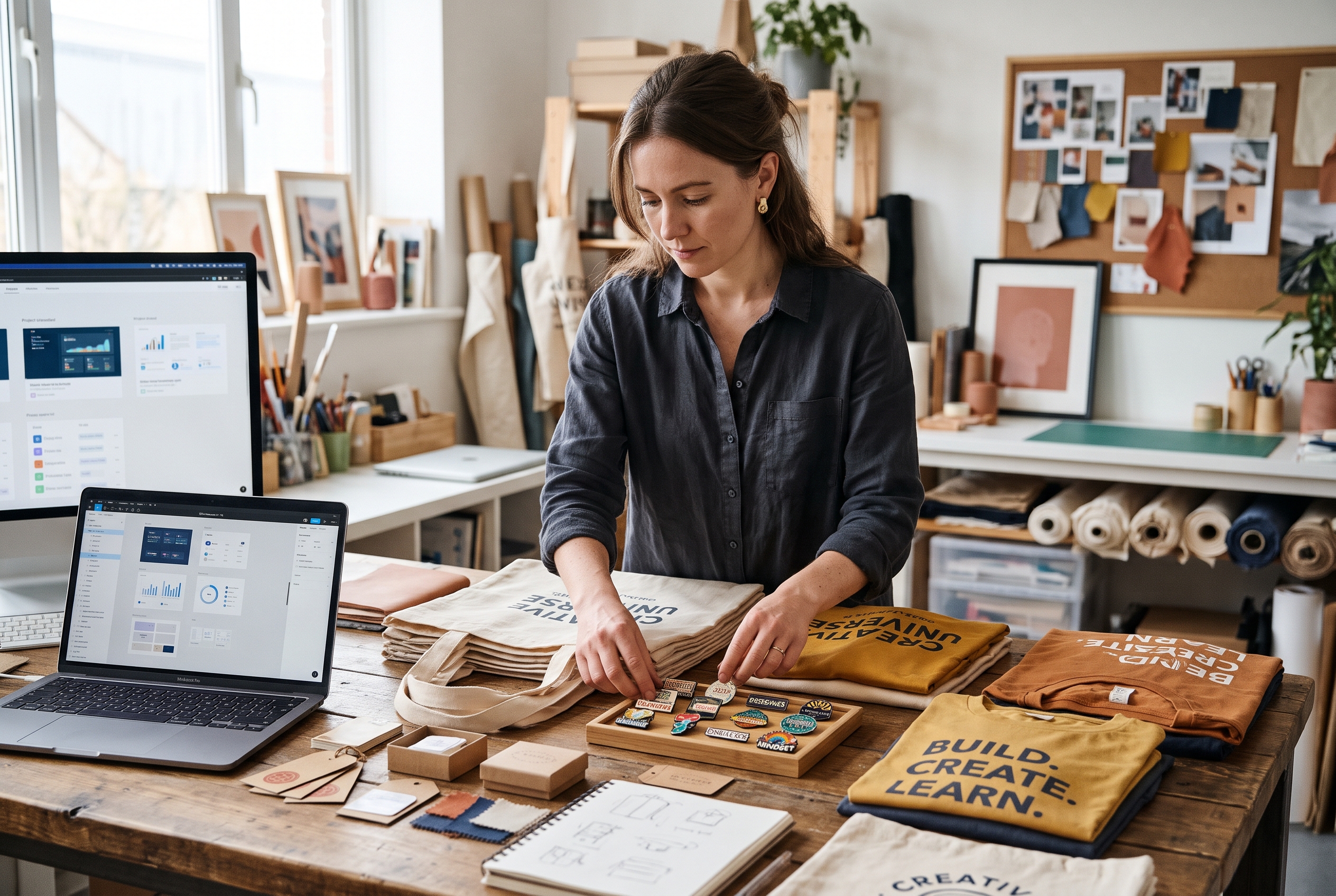 Designer sorting tote bags, enamel pins and printed tees on a workshop table before a product photoshoot