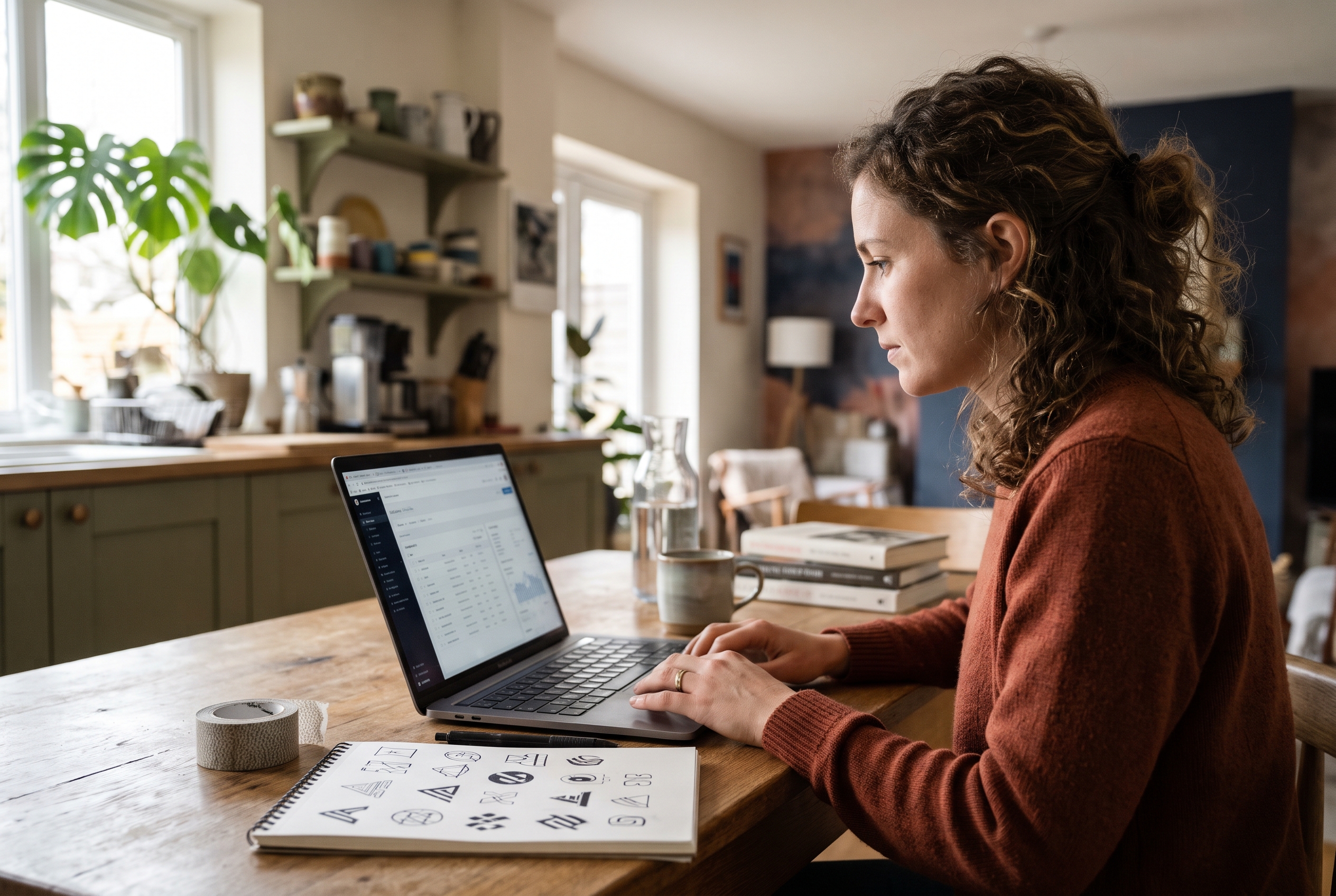 Founder searching trademark records on a laptop at a kitchen table with sketches of apparel logos beside her