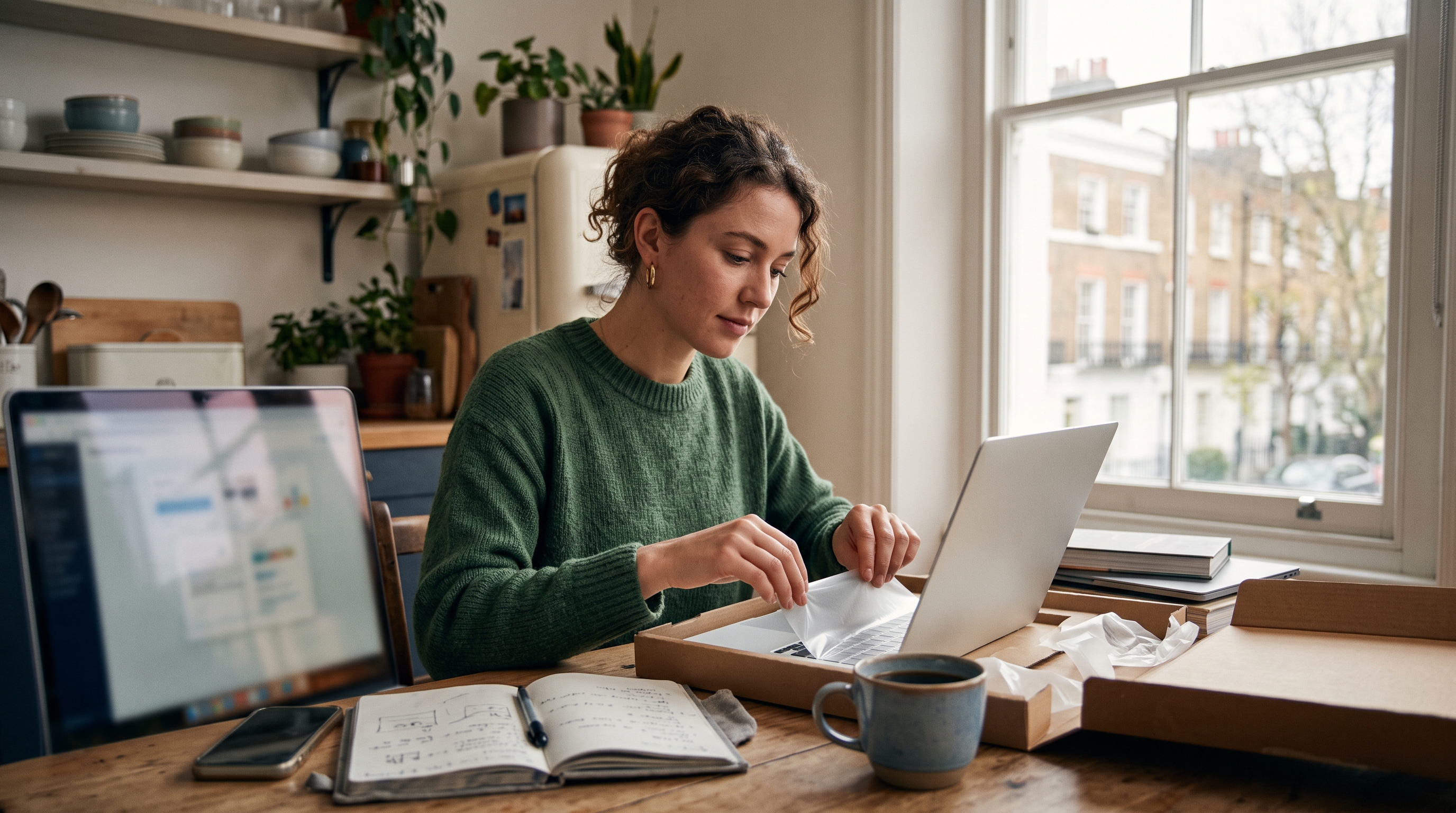 Person unboxing a new laptop at a kitchen table with a notebook and coffee, setting up an online store