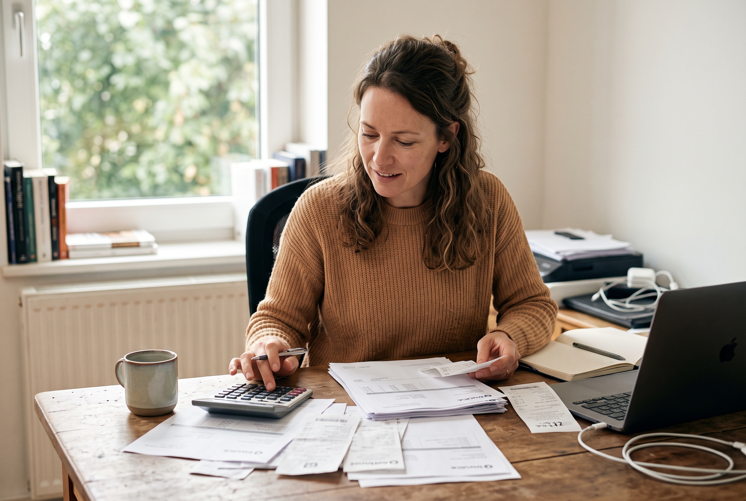 Small business owner reviewing a stack of subscription invoices and receipts spread across a desk with a calculator
