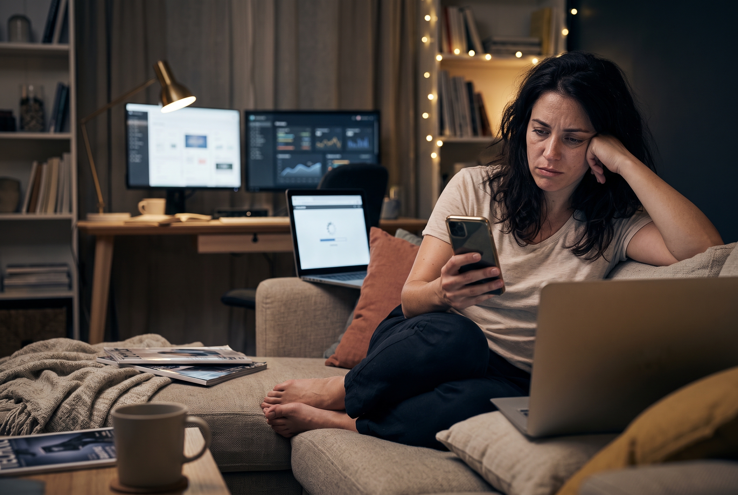 Frustrated founder staring at a slow-loading website on a phone while sitting on a couch late at night