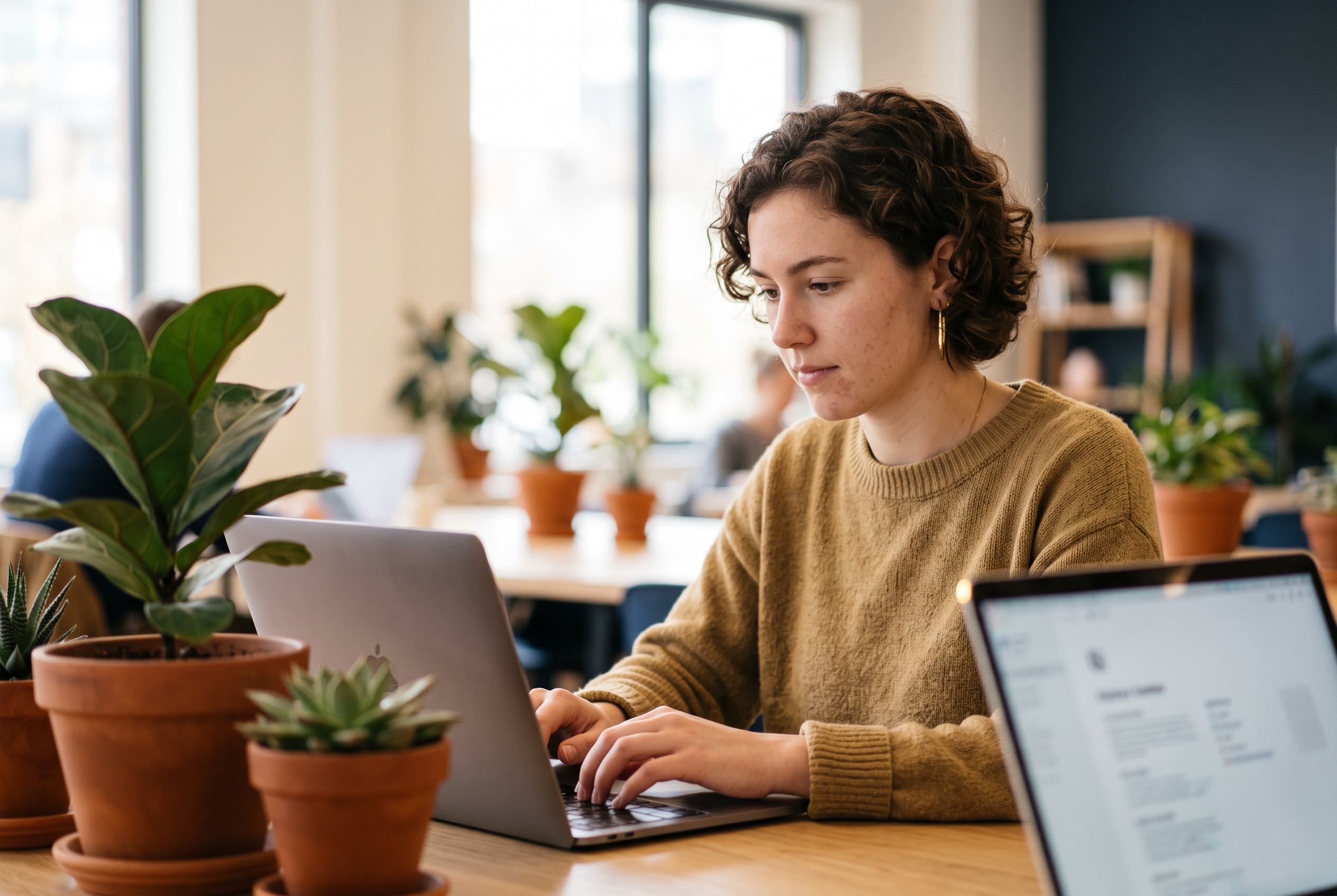 Entrepreneur typing a description of her business into a laptop at a bright co-working desk with plants nearby