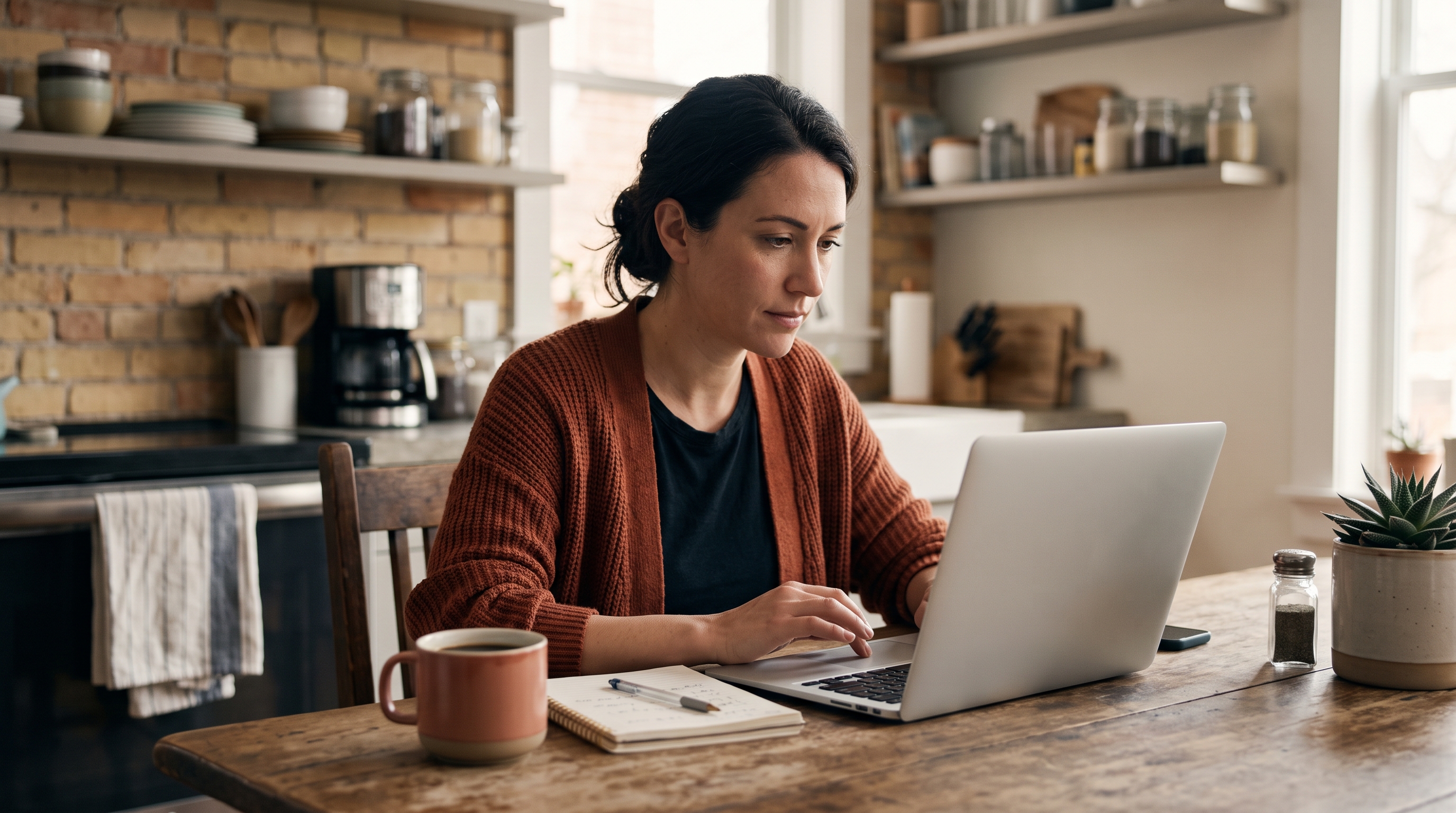 Small business owner comparing store pricing quotes on a laptop at a kitchen table with coffee and notebook