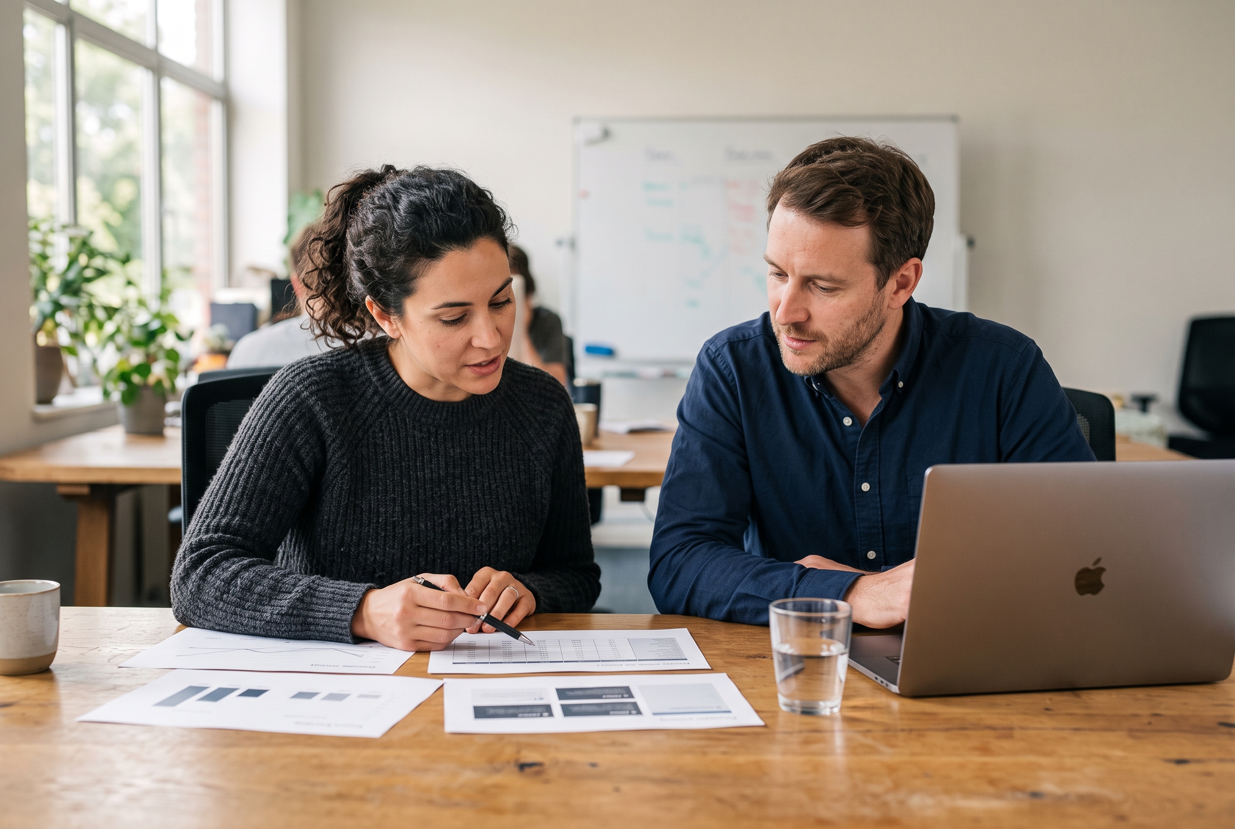 Two founders reviewing printed pricing sheets side by side across a wooden desk in a bright office