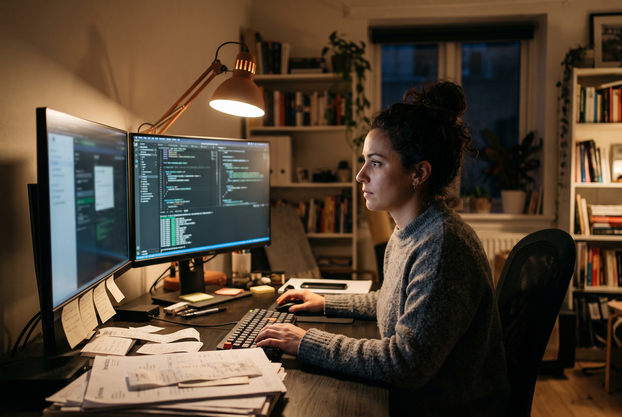 Freelance developer working late at a desk with two monitors showing store code and a stack of invoices nearby