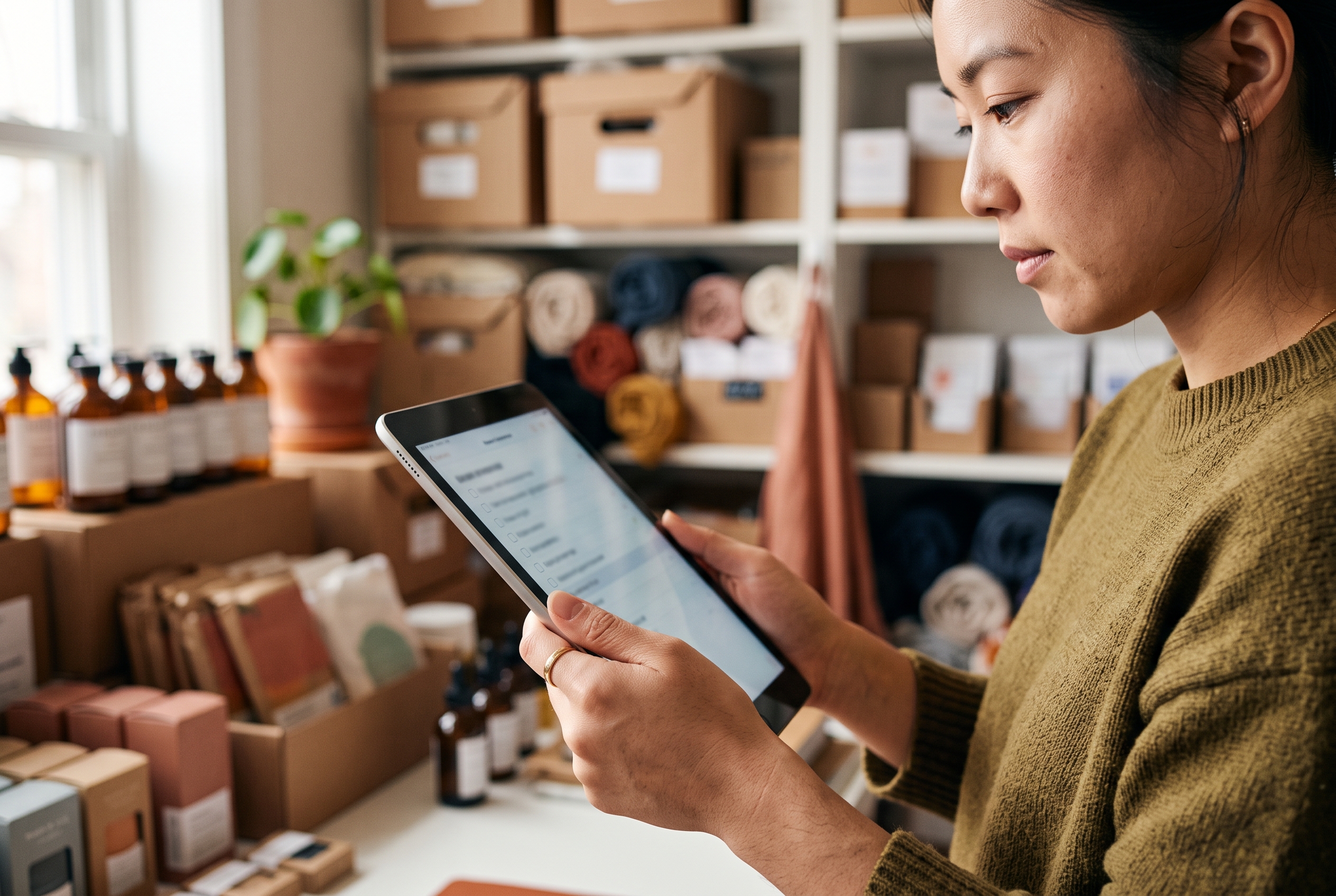 Entrepreneur reviewing a store checklist on a tablet in a small product studio with shelves of inventory behind her