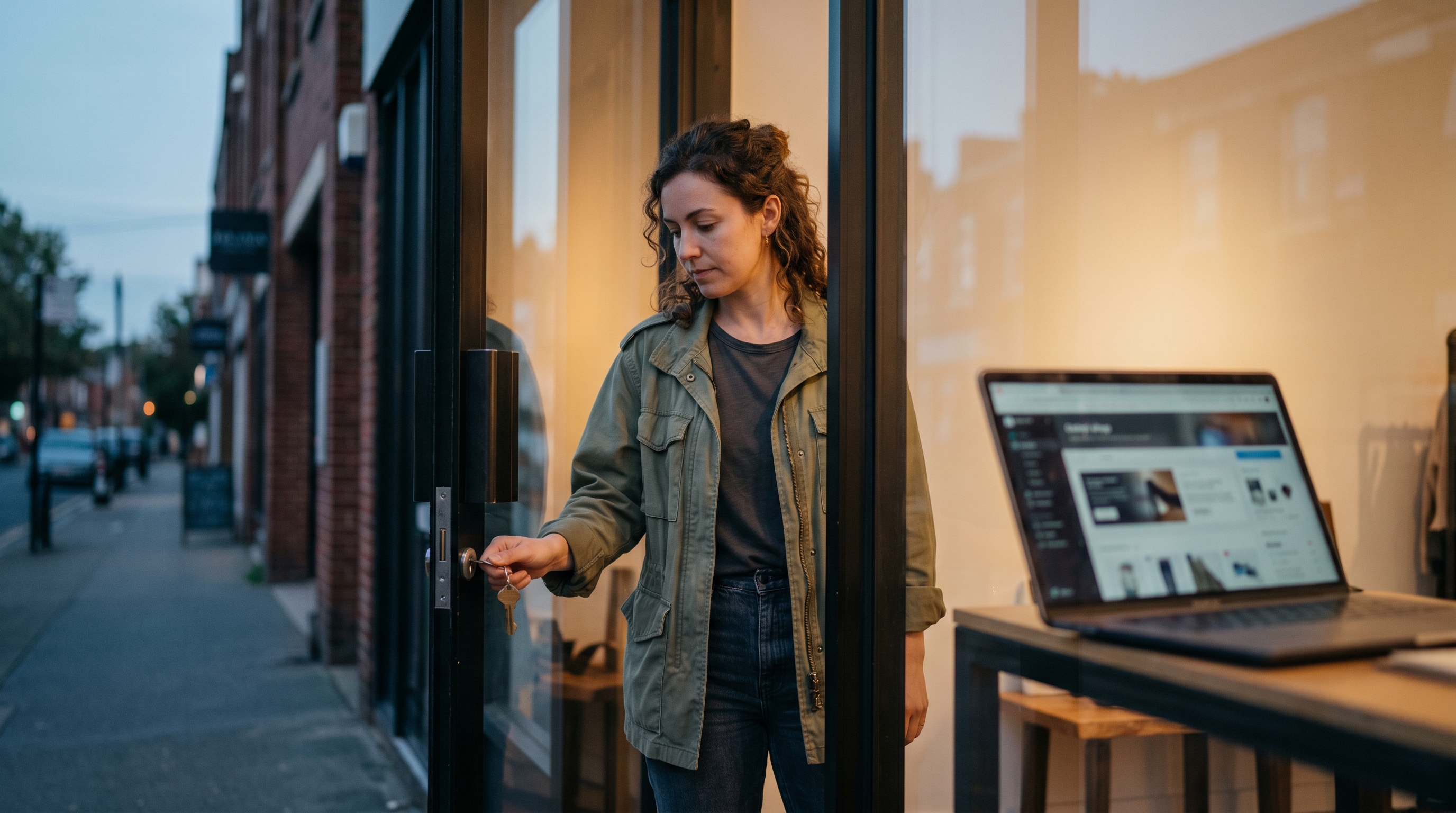 Entrepreneur unlocking a glowing storefront with a single key while a laptop displays a finished online shop