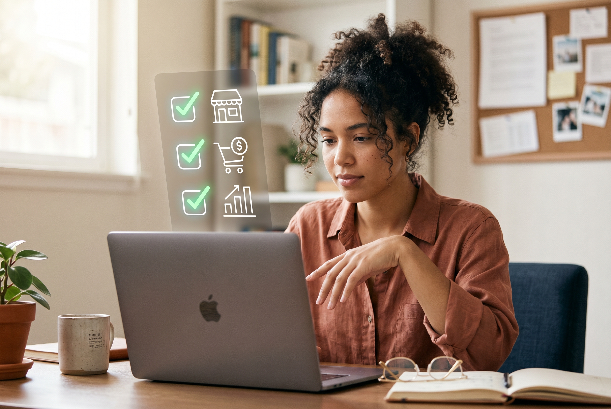 Checklist floating above a laptop with green checkmarks lighting up next to storefront, checkout, and analytics icons