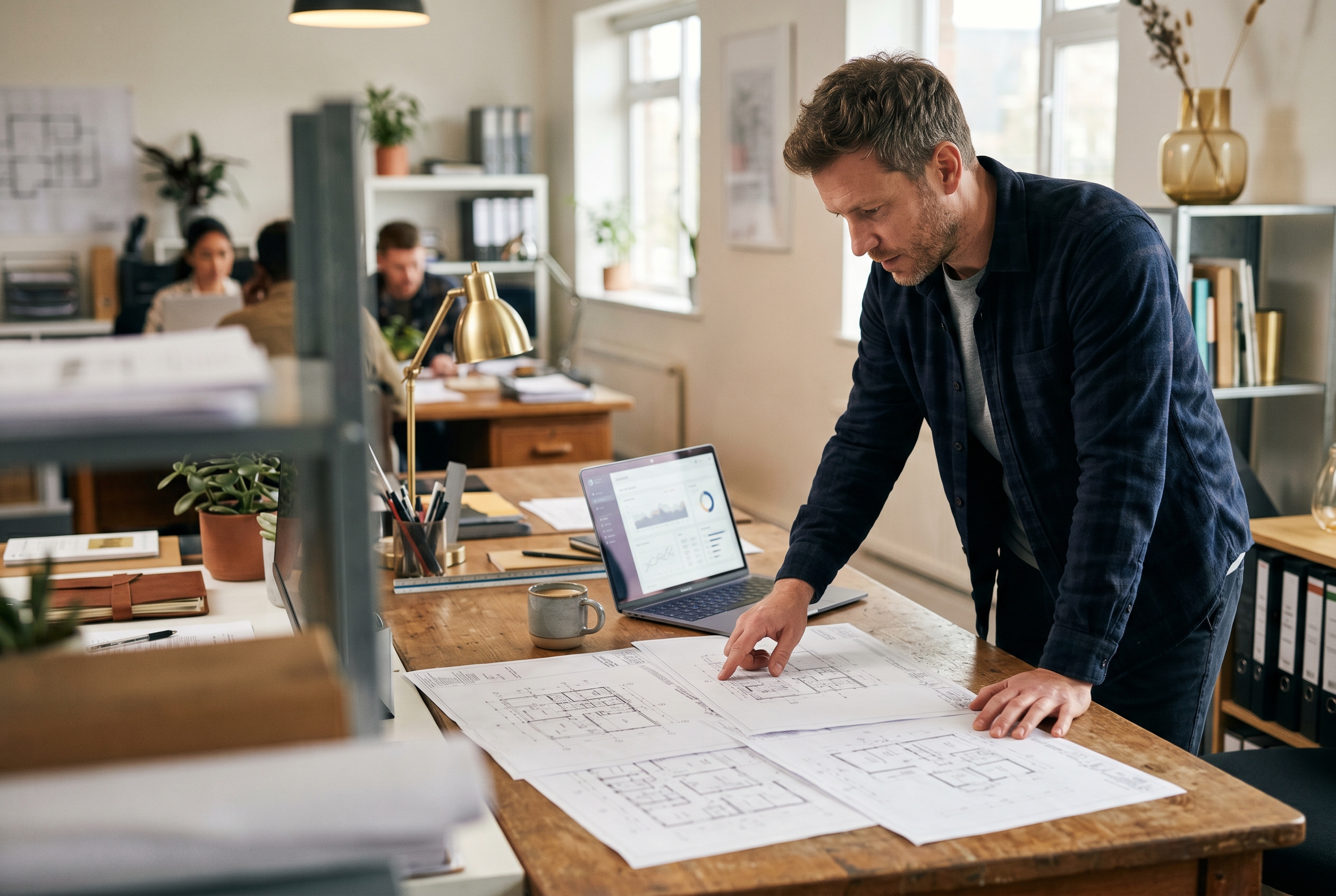 Small business owner comparing four storefront blueprints spread across a desk with a coffee and a laptop showing live sales