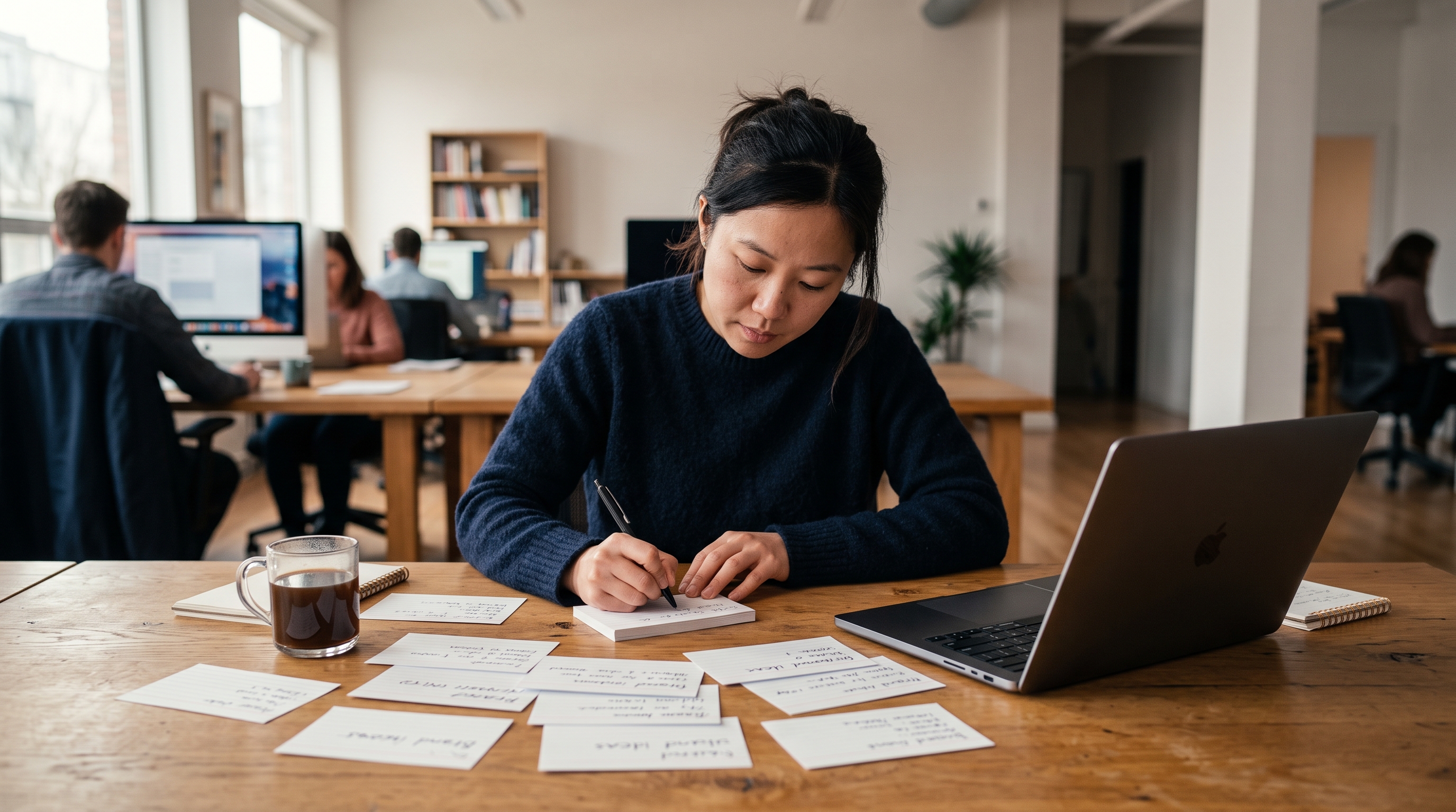 Founder writing candidate brand names on index cards spread across a wooden desk beside a laptop and coffee