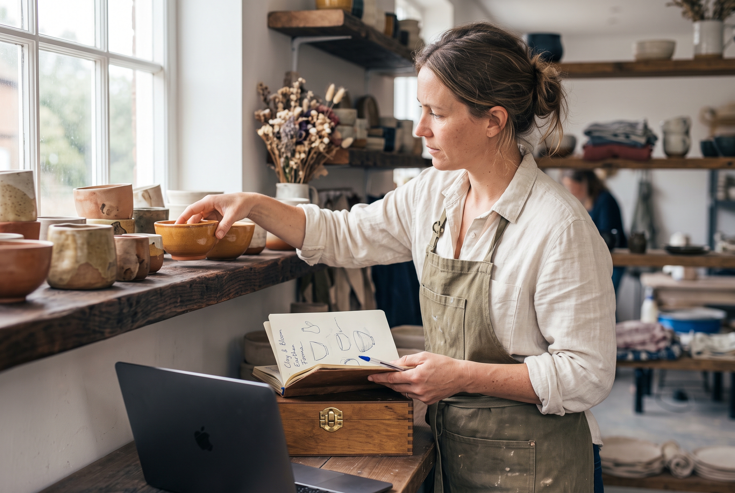 Shop owner arranging handmade ceramics on a rustic shelf while sketching name ideas in a notebook