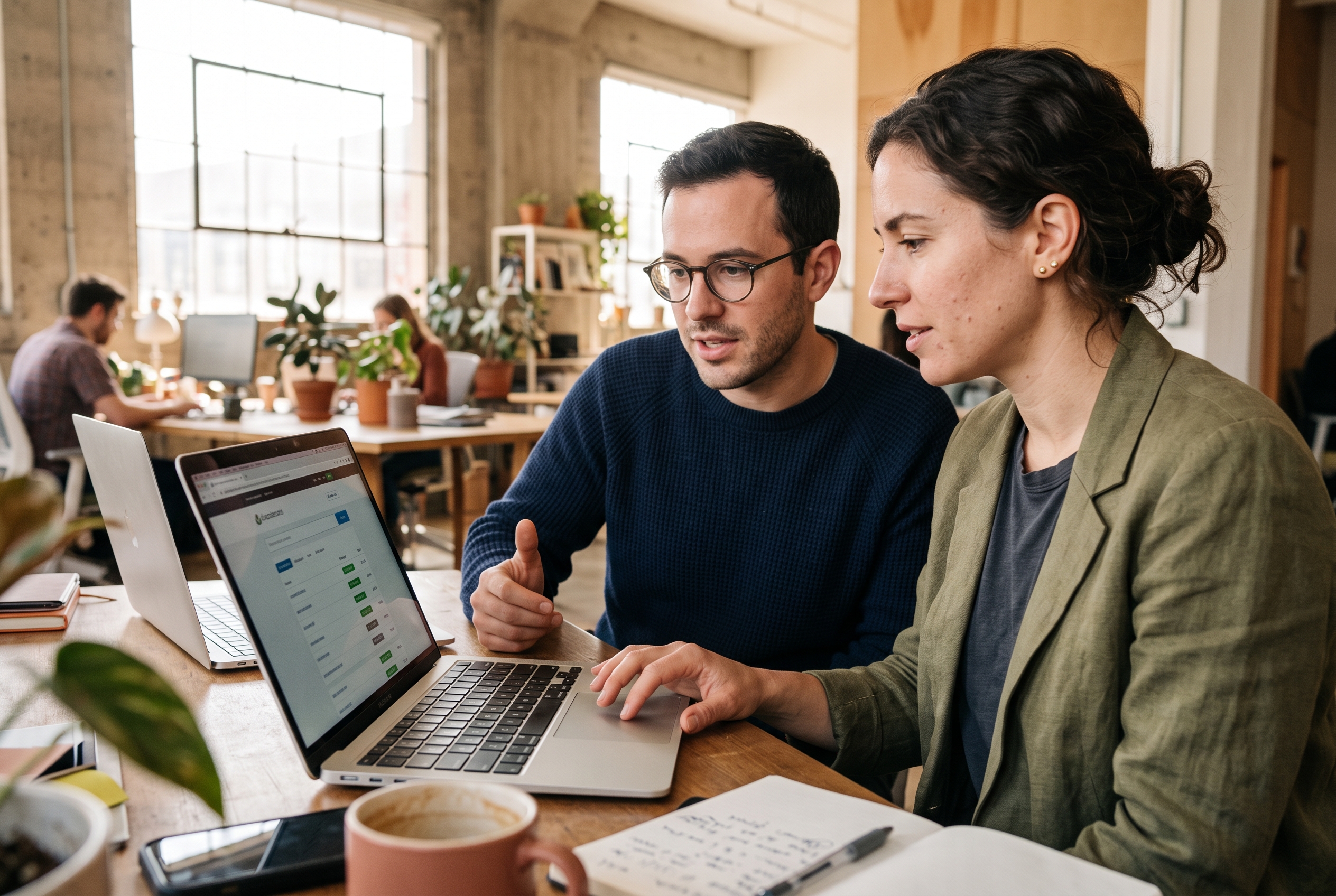 Two co-founders testing name options by typing them into a domain search on a laptop in a bright studio