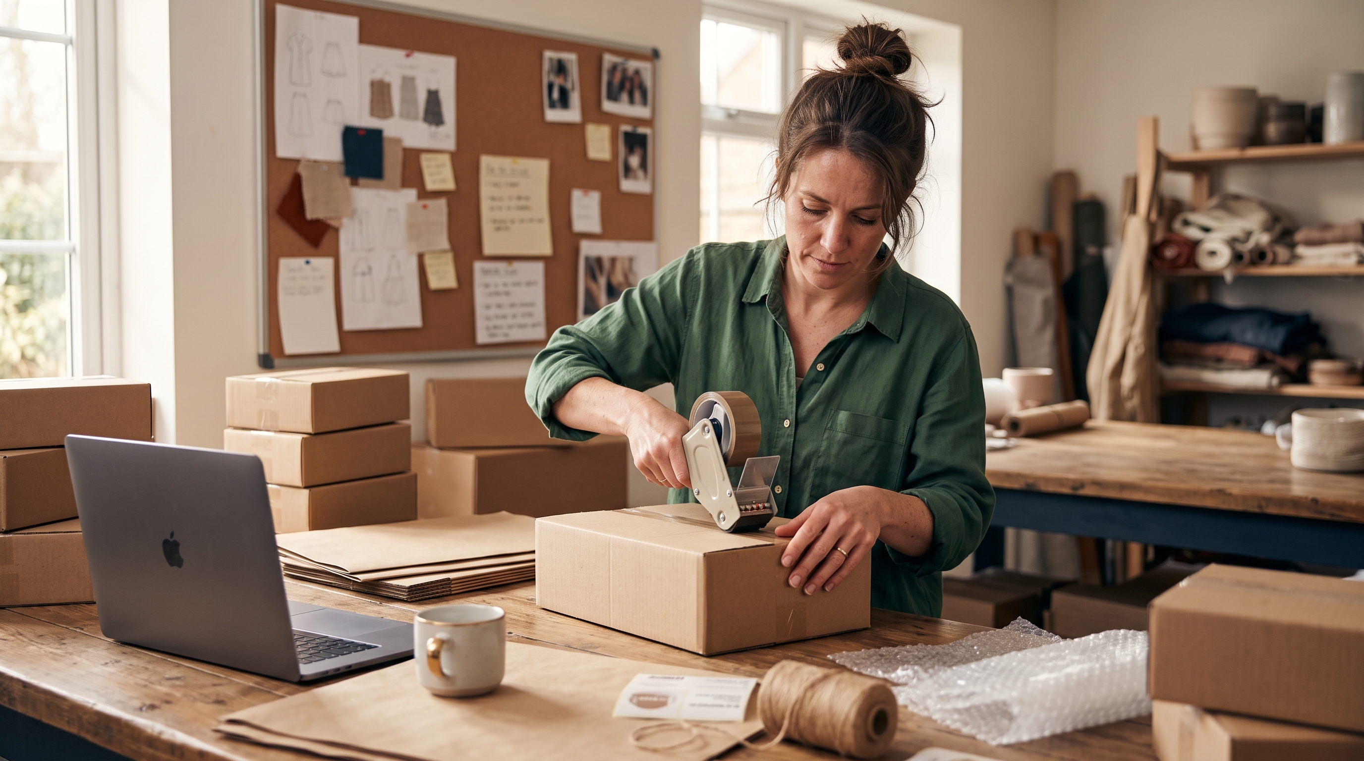 Small business owner packing customer orders into shipping boxes at a wooden work table in a home studio
