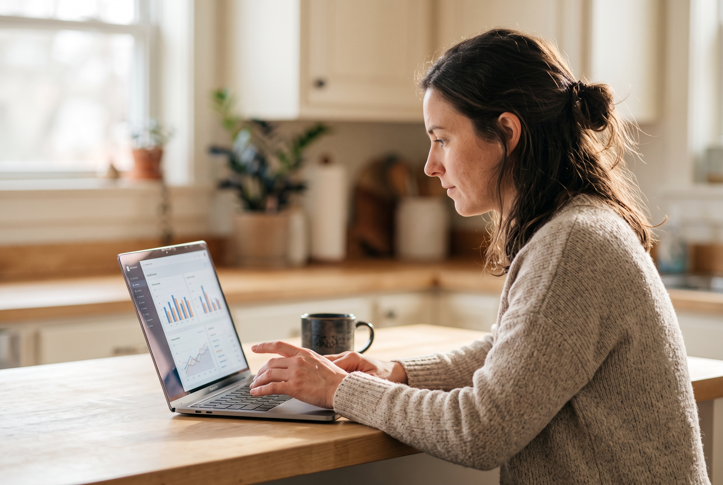 Founder reviewing sales trends on a laptop at a sunlit kitchen counter with a coffee mug beside the keyboard