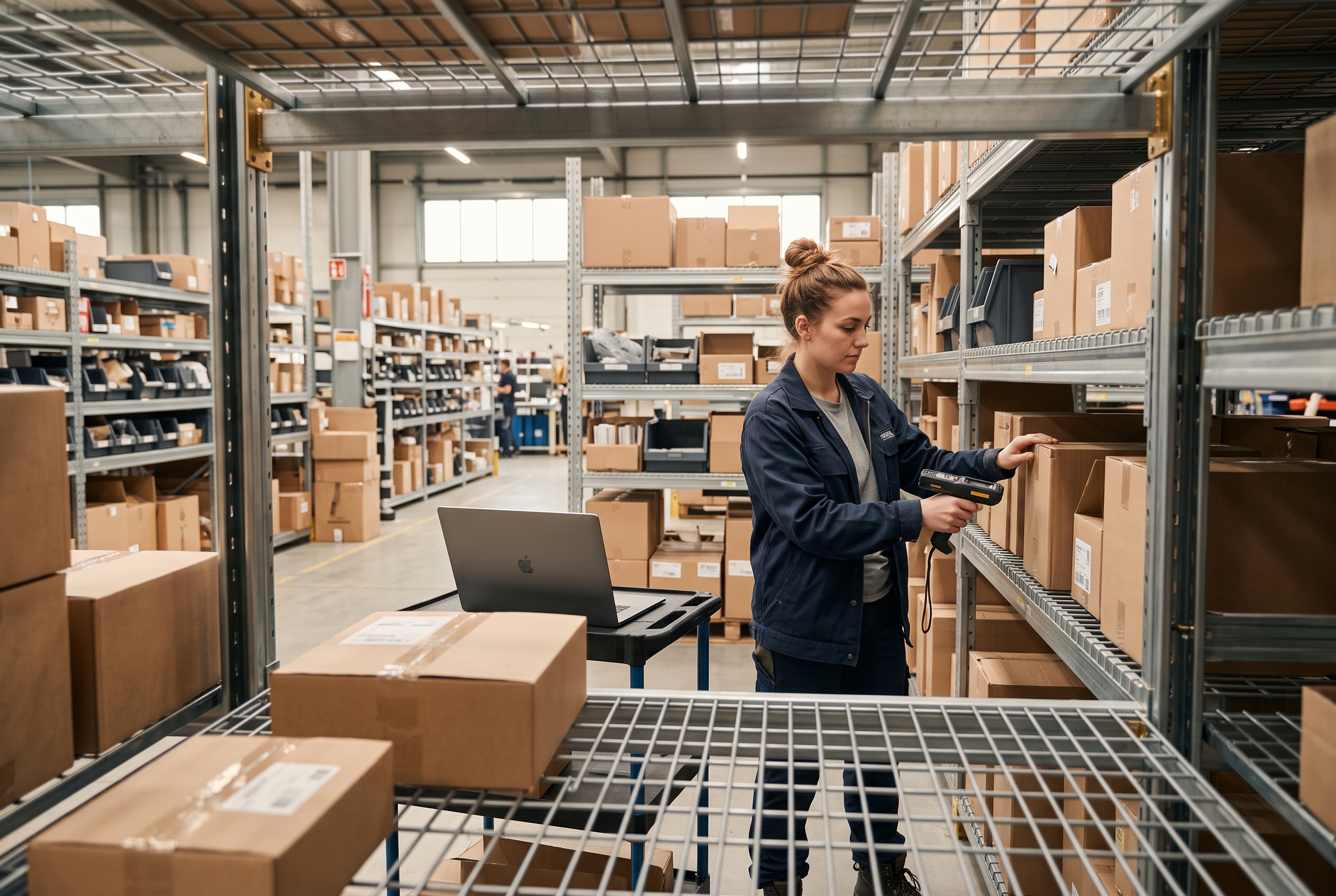 Warehouse worker scanning boxes on a shelving unit in a modern fulfillment center